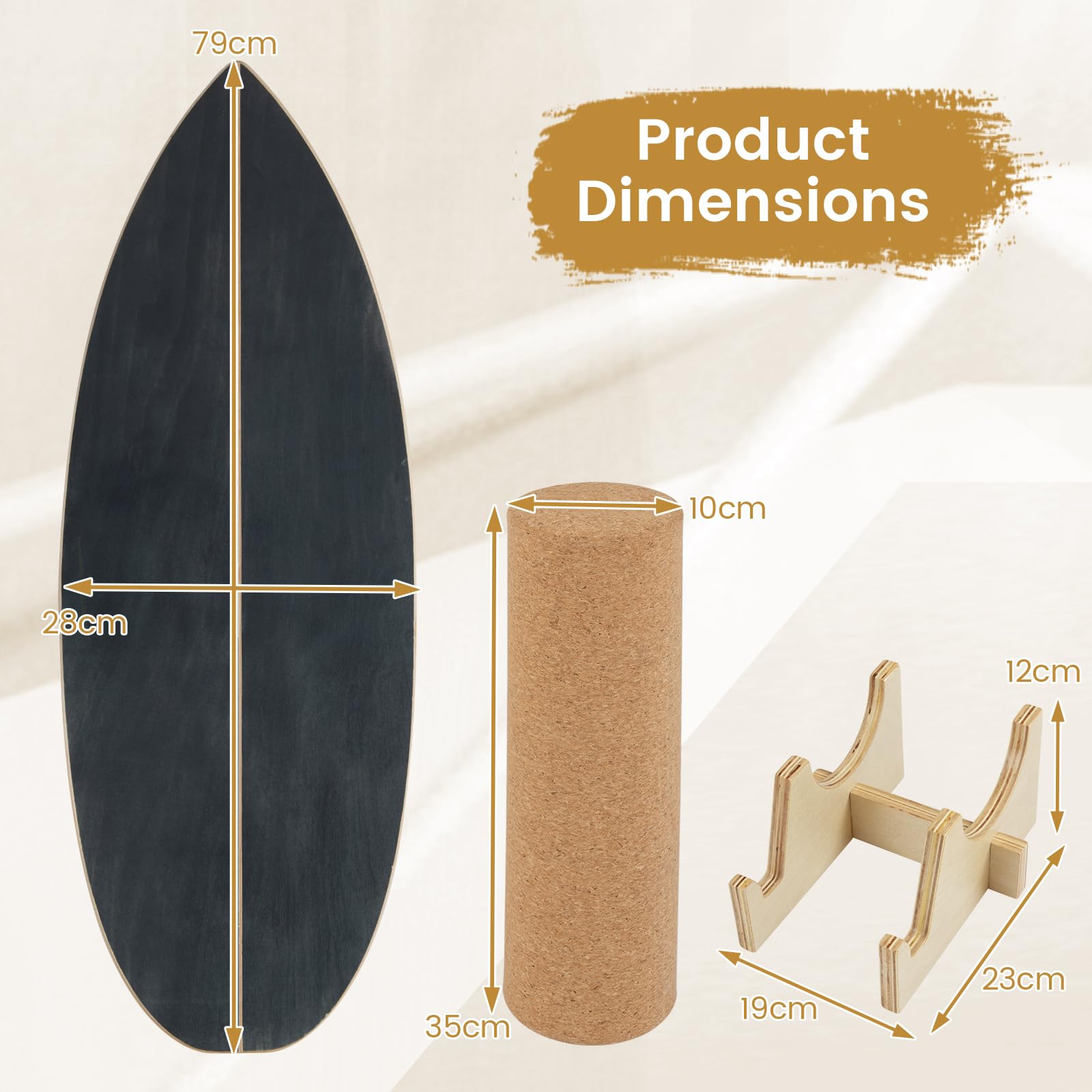 GYMAX Tavola per Equilibrio in Legno con Rullo in Sughero e Supporto di Stoccaggio, Balance Board a Forma di Foglia per Allenamento Surf, Skateboard e Snowboard per Adulto e Bambini