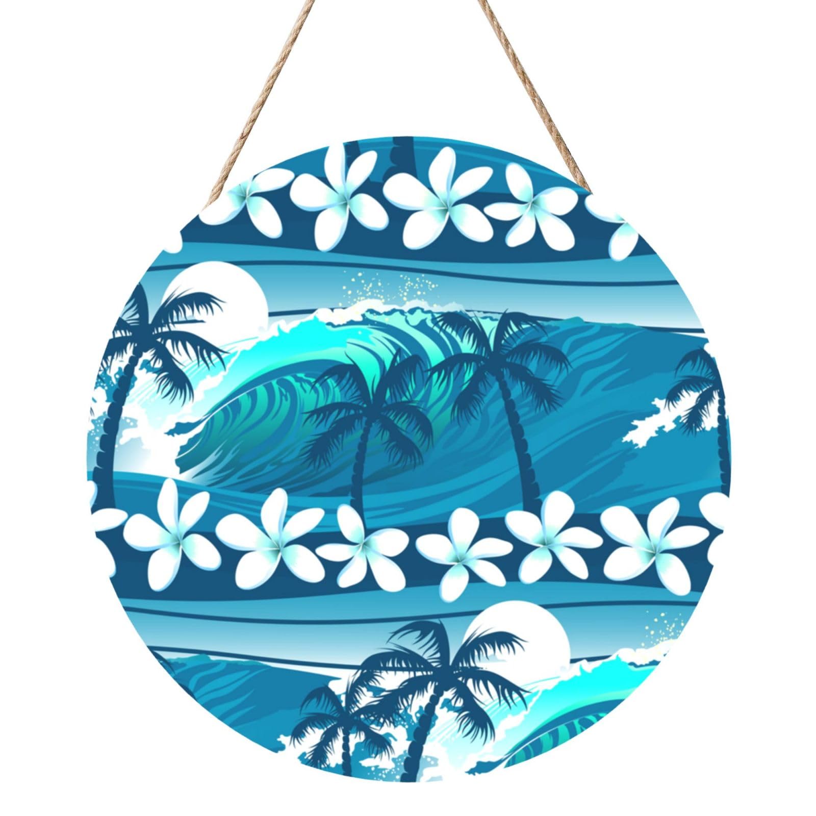 InOmak Blue Tropical Surfing With Palm Trees, Round Wood Panel Painting 12 in, Wall Hanging Painting For Home