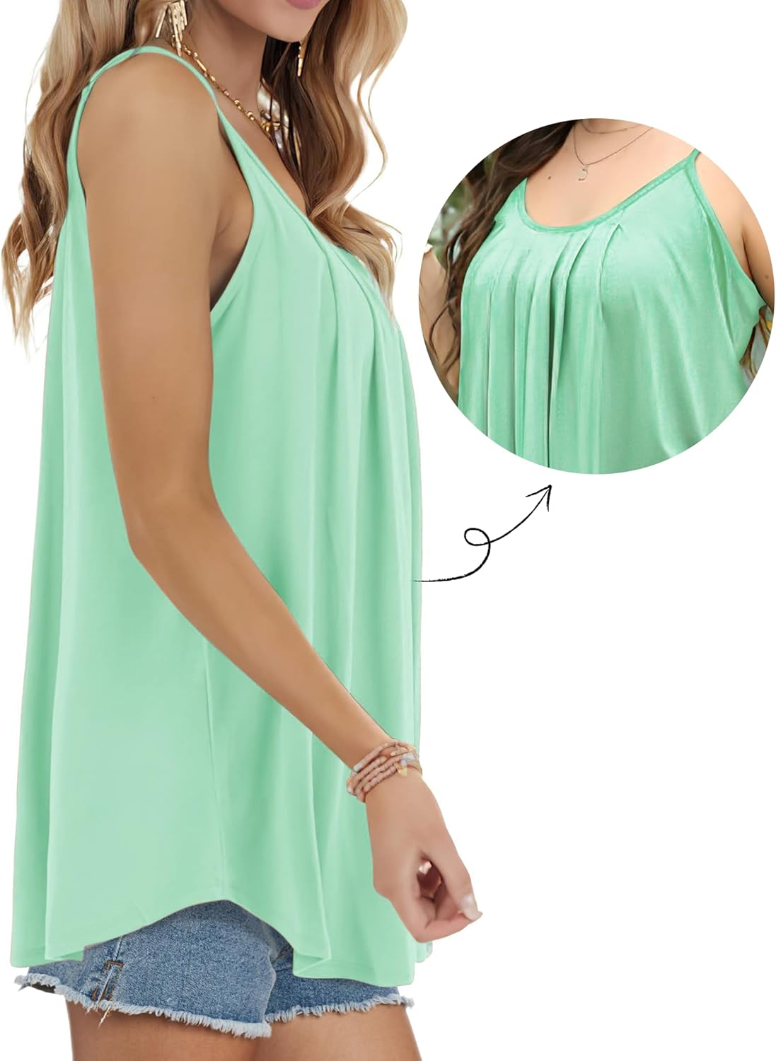 AURUZA Summer Tank Tops for Women Pleated Spaghetti Strap Camisole Loose Fit Casual Scoop Neck Sleeveless Shirts 2024, Lake Green, Small - Image 4