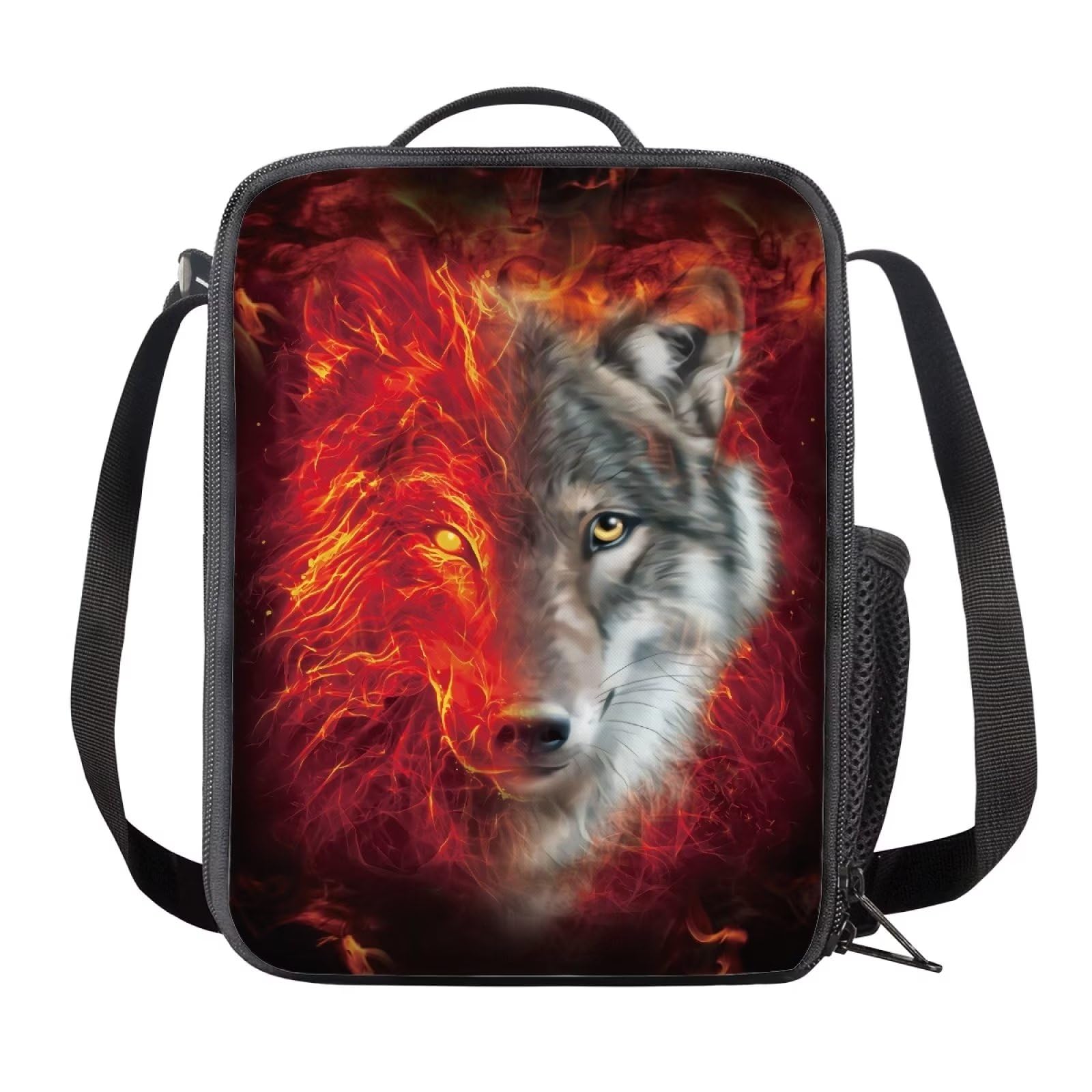 NETILGEN Messenger Bag Sling Shoulder Totebag GIirls Lunch Boxes for Boys Kids Children Lunch Bag with Adjustable Shoulder Strap, Red Flame Wolf — image 1
