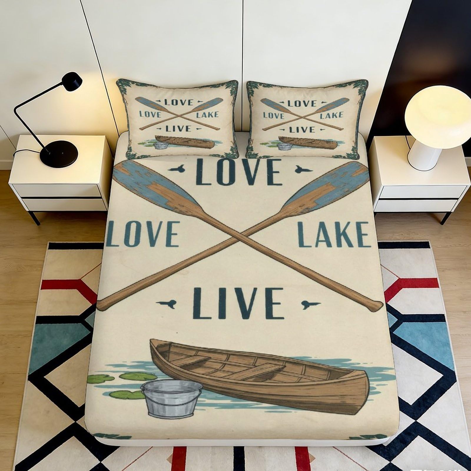 3D Printed Lake Boat Style Fitted Sheet Microfiber Deep Pocket Non-Slip Bedding Lake Theme Mattress Fitted Cover Breathable for Adult Home 140x200x25cm