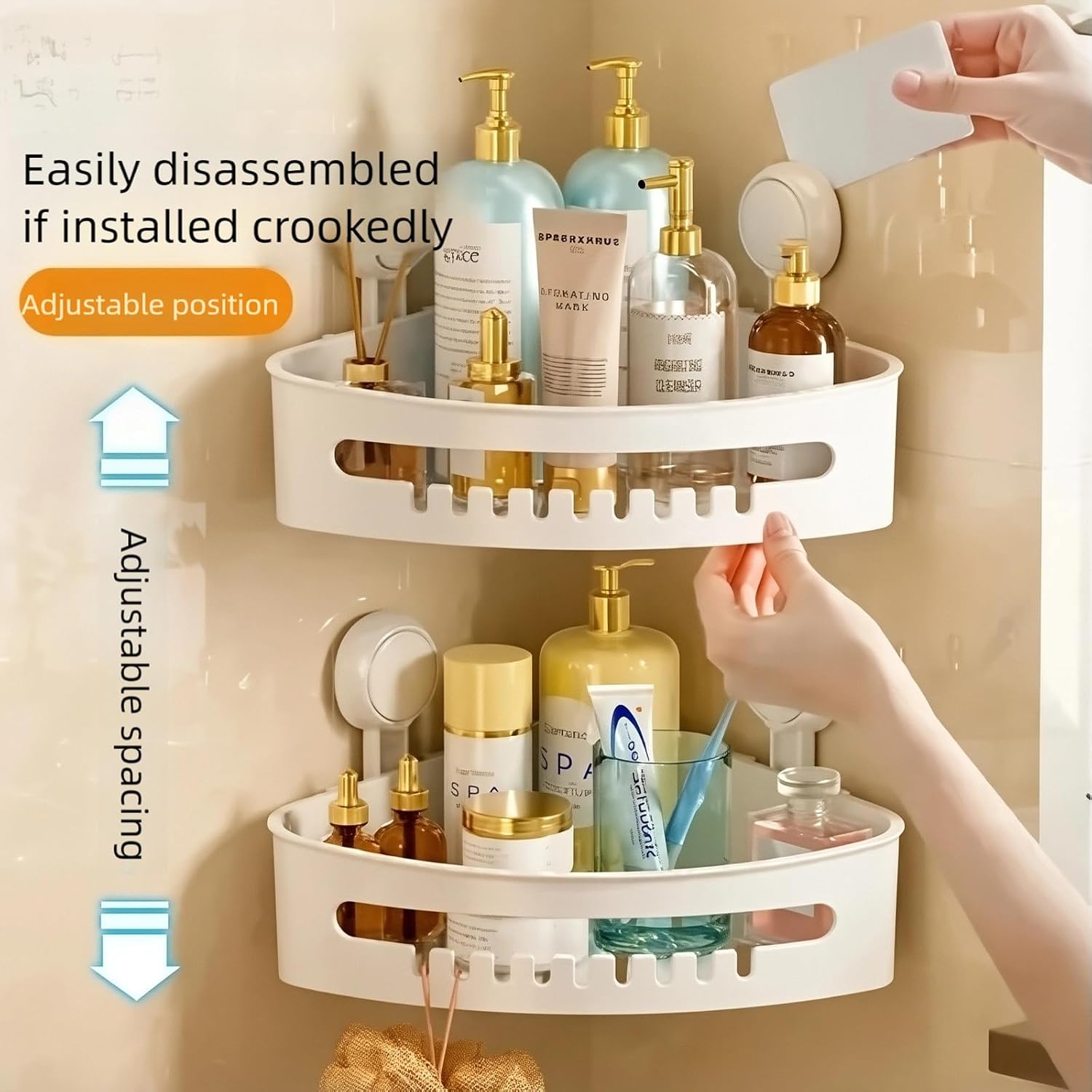 No Drill Corner Shower Caddy, Strong Suction Cup Wall Mount Bathroom Corner Organizer, Heavy Duty Holds 10LBS, Drainable Triangular Shower Shelf for Shampoo Soap Toiletries, Rustproof Bathroom Storage