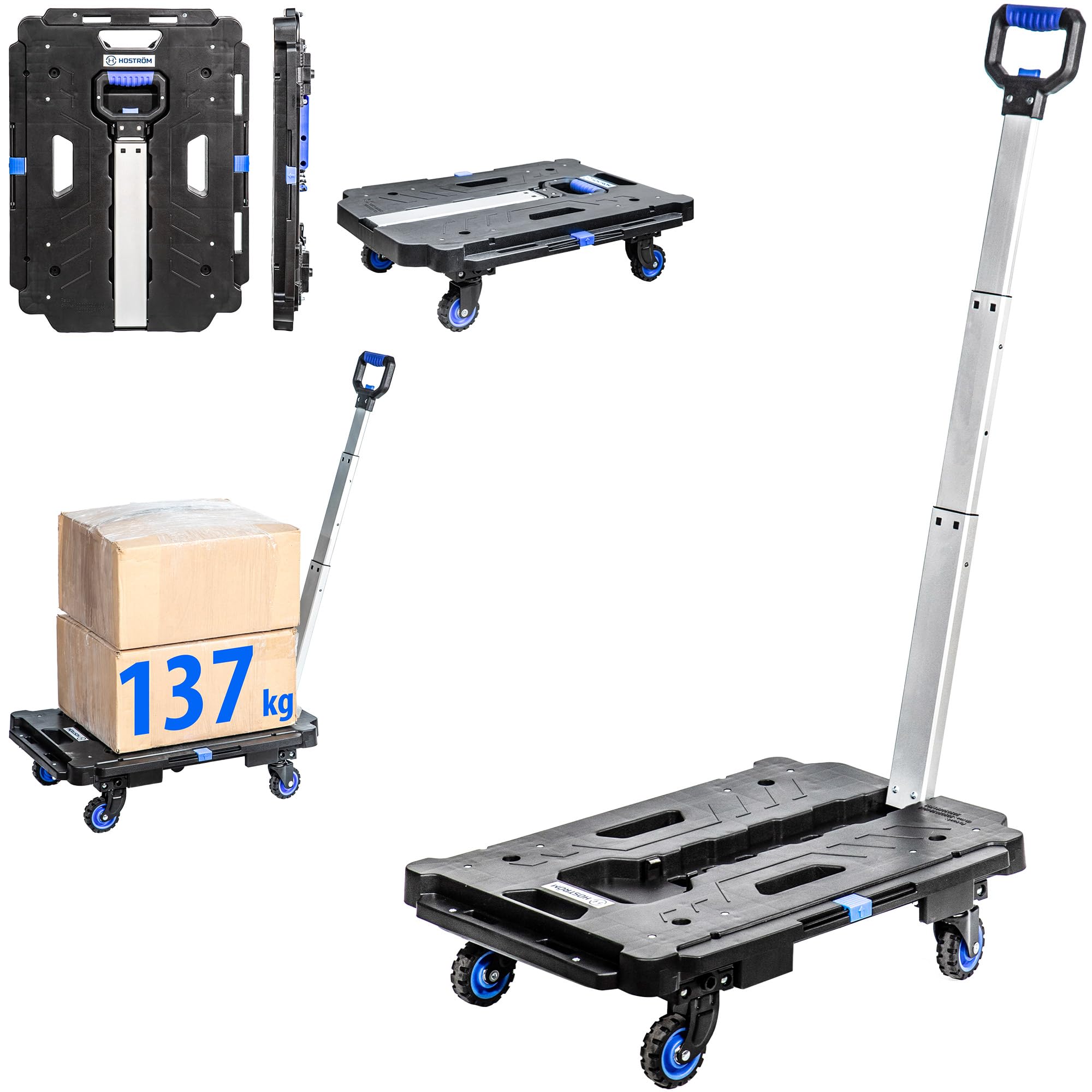 HOSTRÖM Carro de Transporte Plegable, Plataforma con Ruedas para Mudanzas, Carrito de Carga con Asa Telescópica, Carga Máx. 137 kg, Garantía de 5 Años