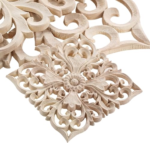 Miniatura 4 de MUXSAM Apliques cuadrados de madera tallada, sin pintar, calcomanías de centro de madera ornamentadas para armario, puerta, armario, cajón, pared,