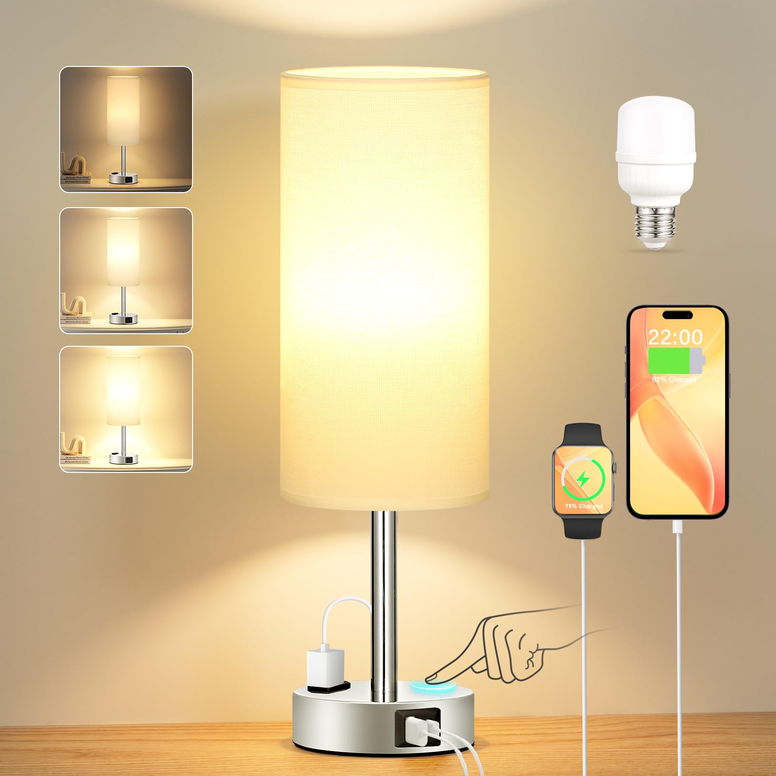 Lampe De Chevet Tactile Kakanuo - Lot De 2 Avec Ports USB | 3 Luminosités | Abat-jour Lin | Pour Chambre