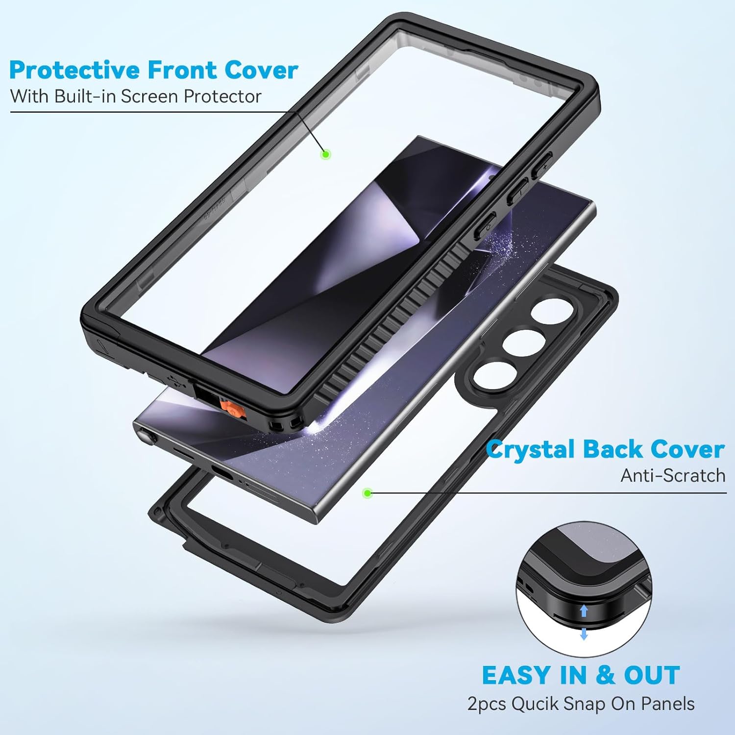 Lanhiem for Samsung Galaxy S24 Ultra Waterproof Case, IP68 Dustproof Built-in Screen Protector, Rugged Full Body Shockproof Protective Cover for Galaxy S24 Ultra 6.8 Inch, Black/Clear