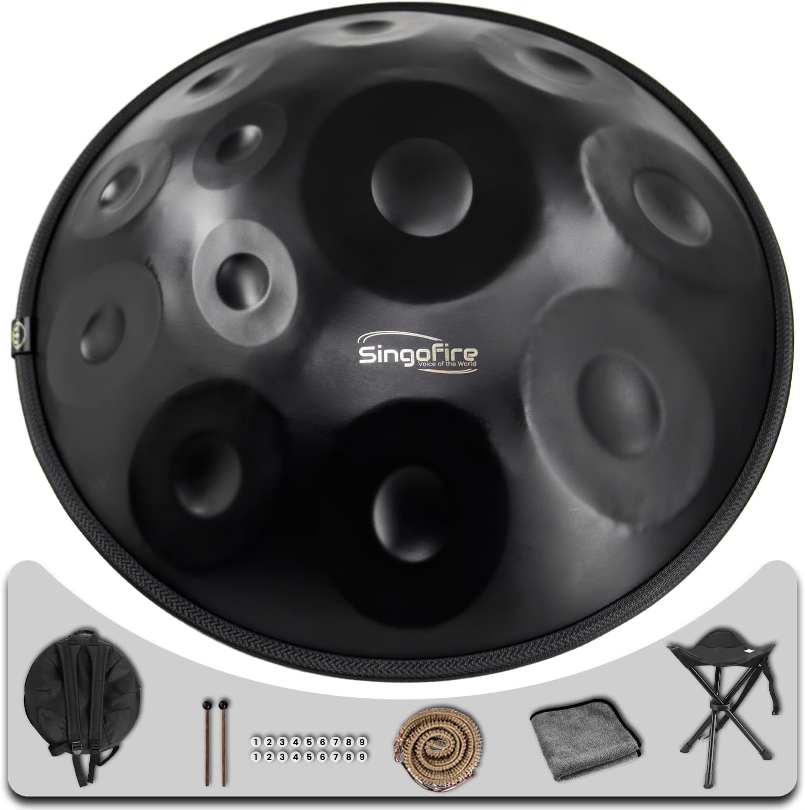 "SINGOFIRE" 12-Notes Handpan Drum, Handpan Drums for Adults, 22-Inch 440Hz D Minor Kurd, HandPan Instrument with Soft Handpan Bag, 2 Mallets, Handpan Stand and Dust-Free Cloth(Black)