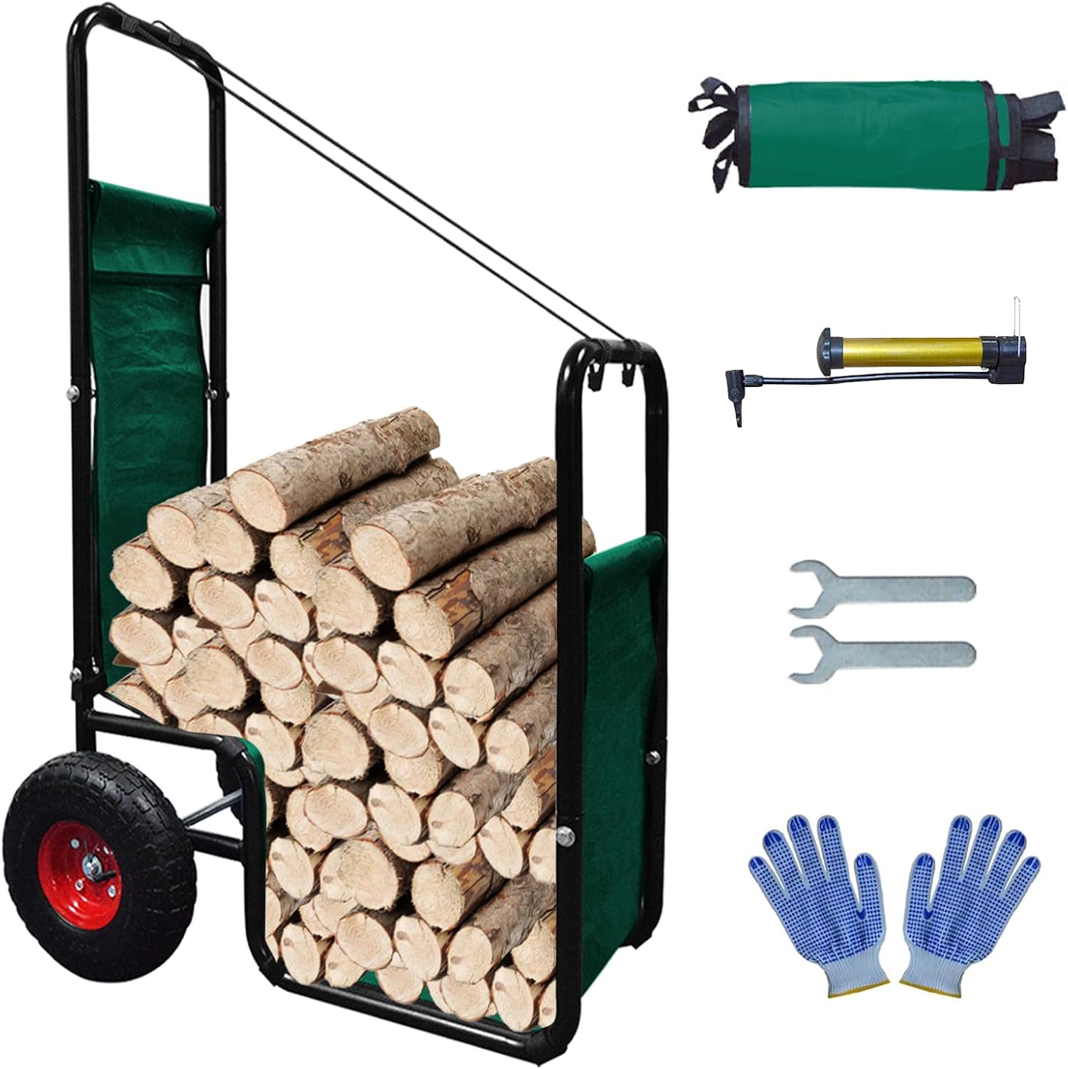 Firewood Cart with Wheels: 260 lbs Capacity Log Dolly Carrier with Pneumatic Wheels & Fabric Liner - Easy Roll Wood Mover for Farm, Indoor & Outdoor Use - Heavy Duty Steel Construction