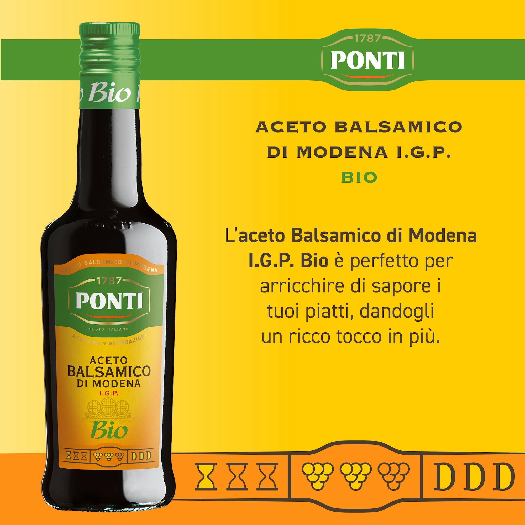 Ponti, Aceto Balsamico di Modena I.G.P. Bio, Aceto Biologico dal Profumo Intenso e Fragrante, Sapore Equilibrato, Ideale per Cani Rosse Curde e Cotte, 100% Made in Italy, Set 6 bottiglie da 500 ml