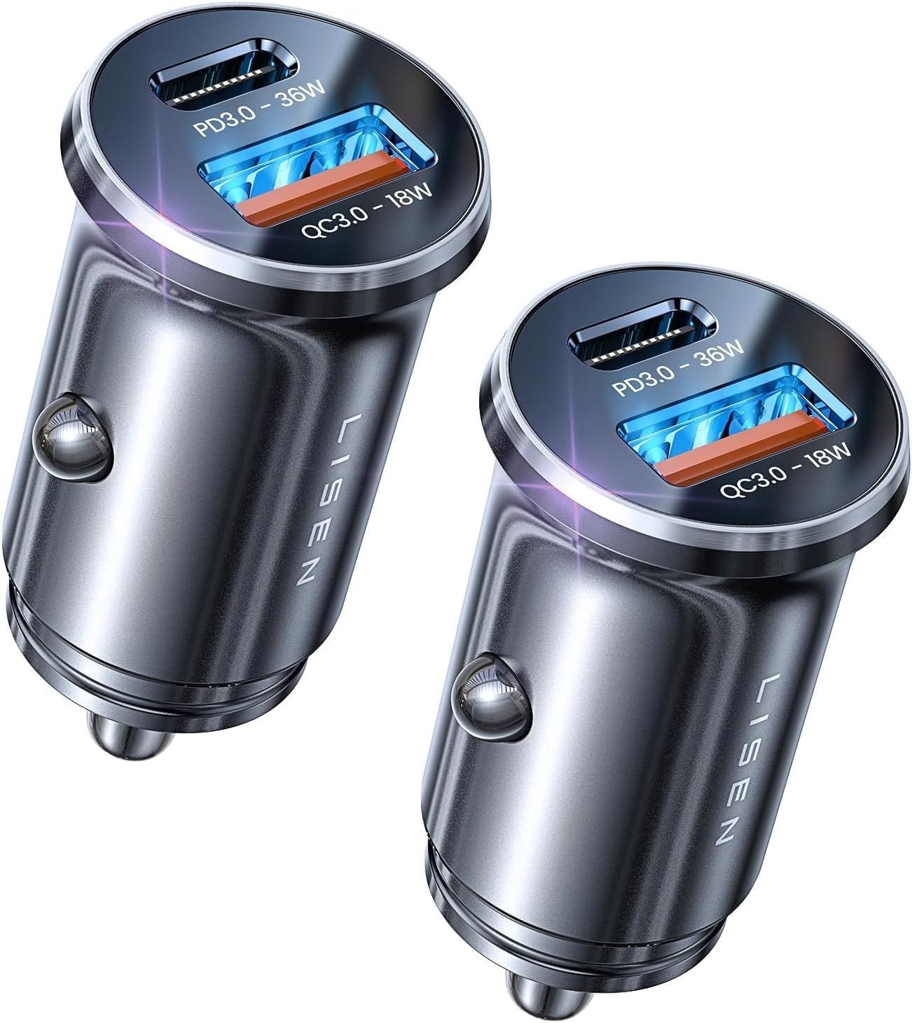 LISEN 2 Pack Car Charger USB C 54W+54W [USBC 36W+USBA 18W] PD3.0 12V USB Socket [All Metal] Cigarette Lighter USB Car Charger Adapter for iPhone 17 Pro Max Air 16 Samsung iPad