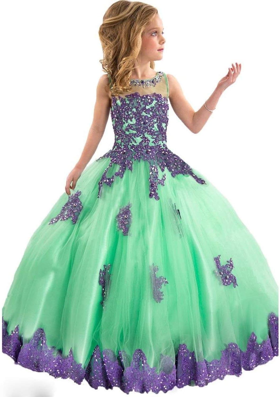 Girls' Ball Gown Appliques Beads O-Neck Pageant Dresses