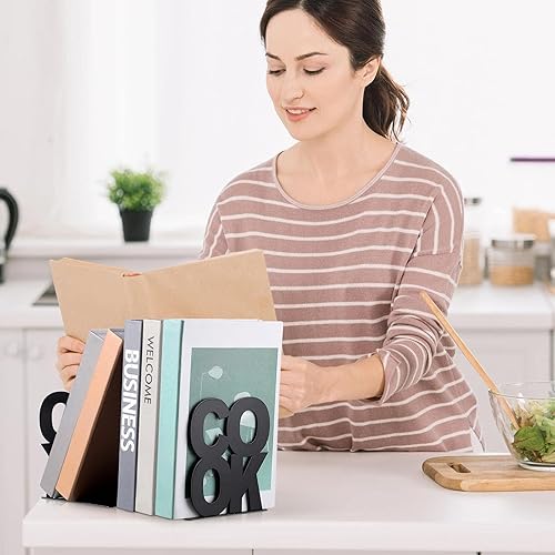 Miniatura 7 de Hotop Sujetalibros decorativos de metal para libros de cocina, soporte de metal para estanterías, soporte de estante de libros de cocina para