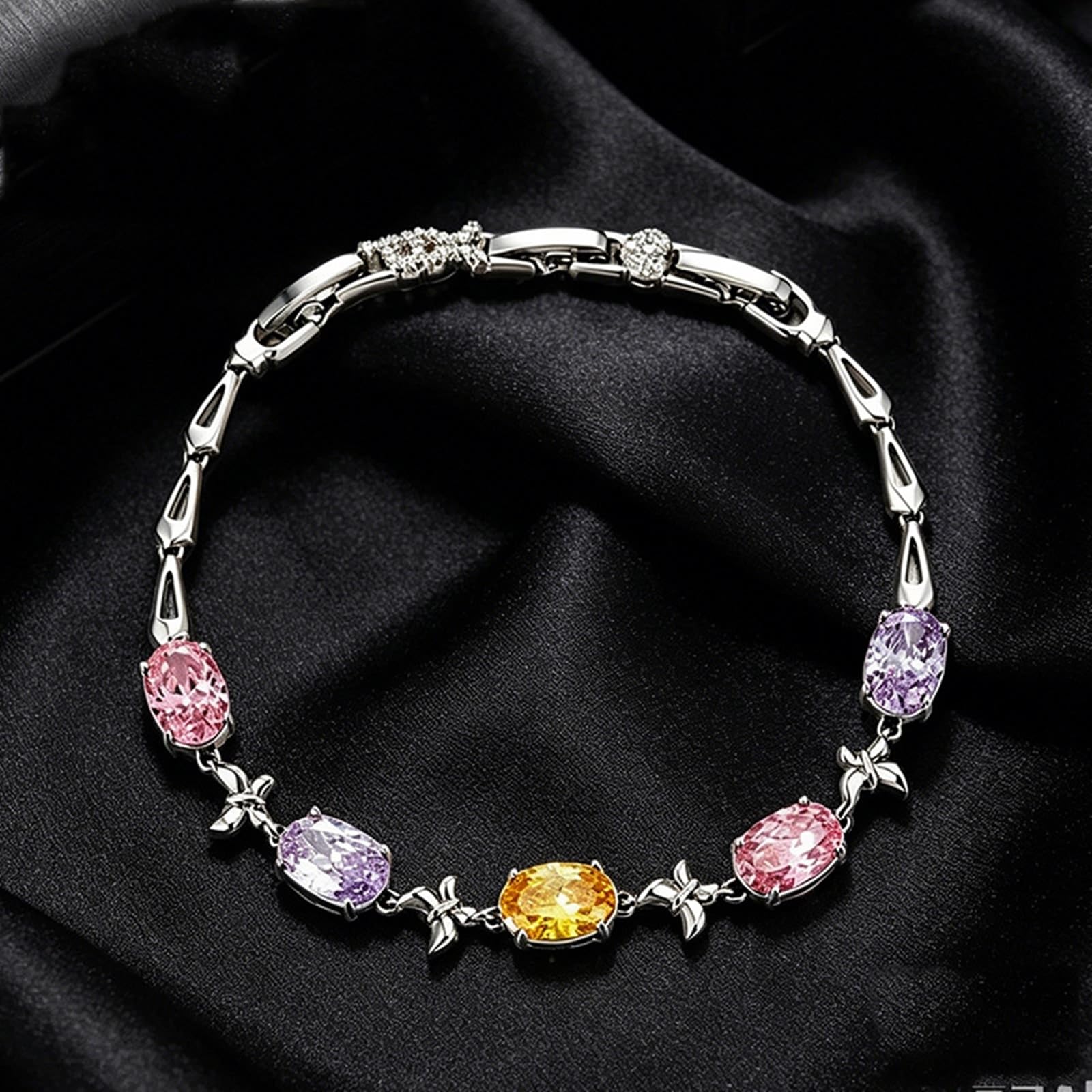 Pulsera de oro blanco de 9 quilates con amatista ovalada lila, mariposa Au375, 19 cm
