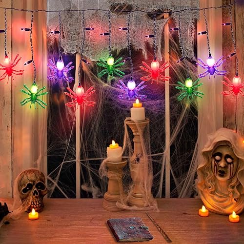 Miniatura 4 de Jasneniebo Luces decorativas de Halloween, 25 bombillas enchufables de 7 pies, tira de luces de Halloween con 10 arañas conectables, cortina de