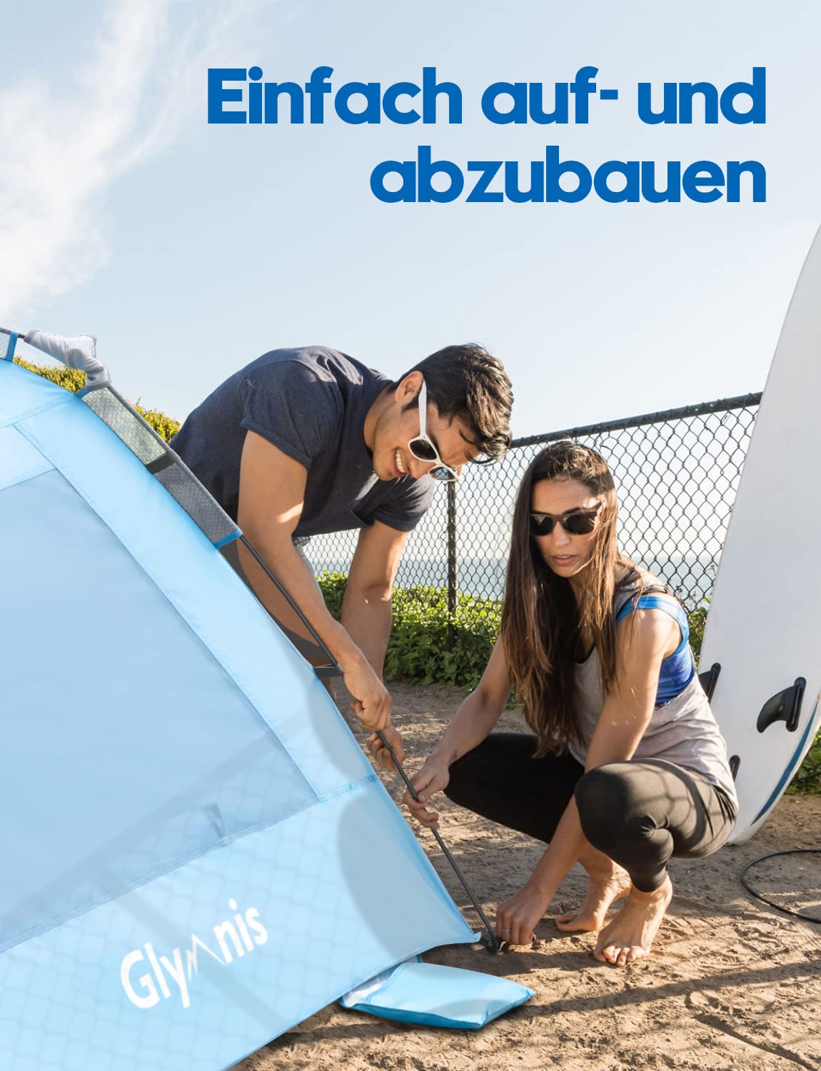 Glymnis Strandmuschel Quick Up Strandzelt Automatisches Strand Zelt UV-Schutz 50+ Windschutz Sonnenschutz mit Quick-Up System kleines Packmaß für 4-5 Personen