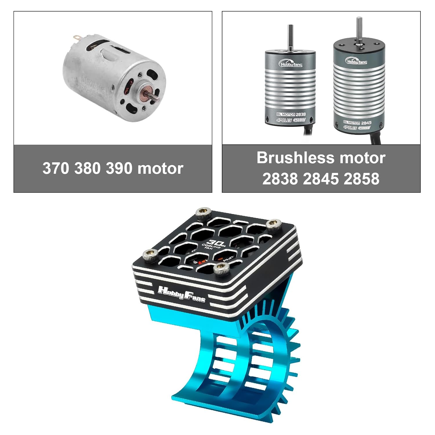 Hobby Fans RC Motor Heat Sink with 2PCS Cooling Fan and Metal Cover Fit 370 380 390 2838 2858 2845 Brushless Motor Heatsink for 1/14 1/16 1/18 RC Car Truck Buggy Crawler