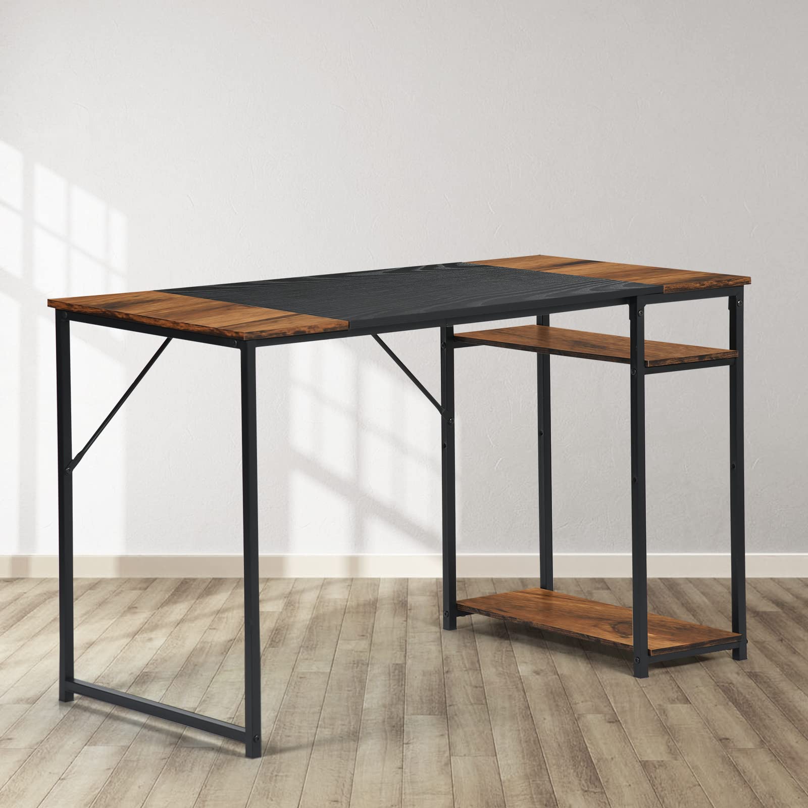 FurnitureR - Mesa de Dibujo Moderna, 120 cm, Madera y Metal, 2 Niveles de Almacenamiento, Ajuste de Altura, Bandeja de diseño Patchwork en Retro marrón y Negro, Ideal para Taller, creación o Oficina