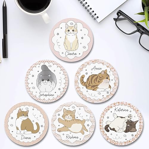 Miniatura 7 de Paquete de 6 posavasos de cerámica personalizados para gatos, regalos de inauguración de la casa para decoración del hogar para mujeres y adultos,