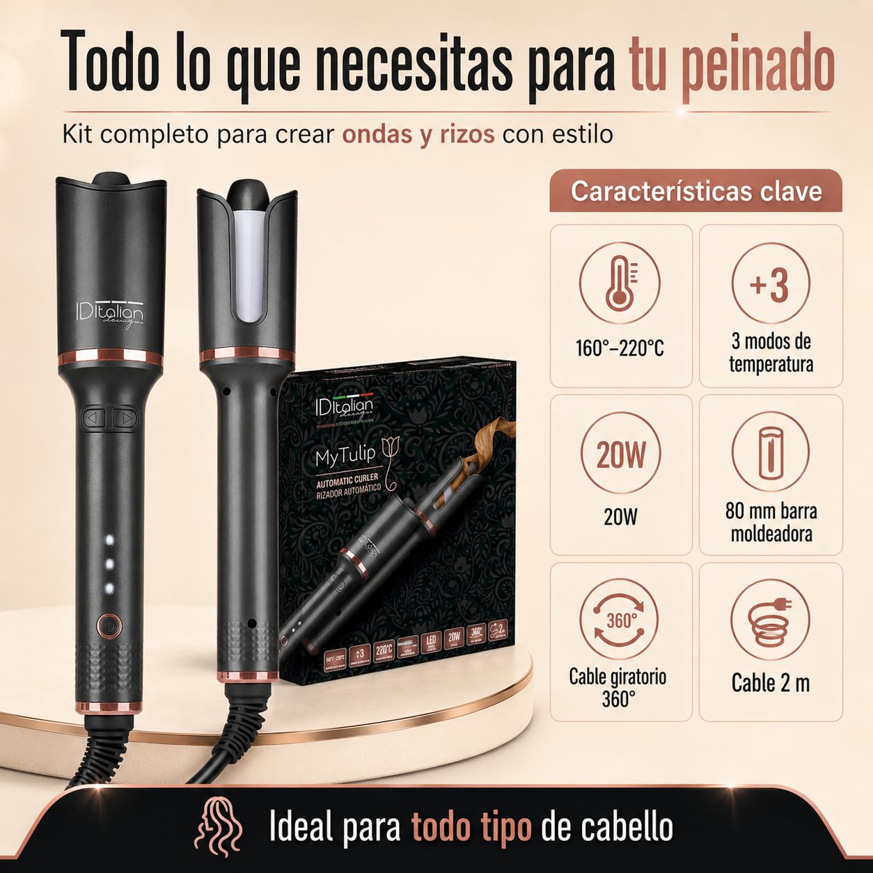 Rizador de Pelo Automatico My Tulip ID Italian Design - Automatic Hair Curler con 3 Temperaturas (160ºC / 190ºC / 220ºC) para Todo Tipo de Cabellos - Modelador de Cabello Profesional