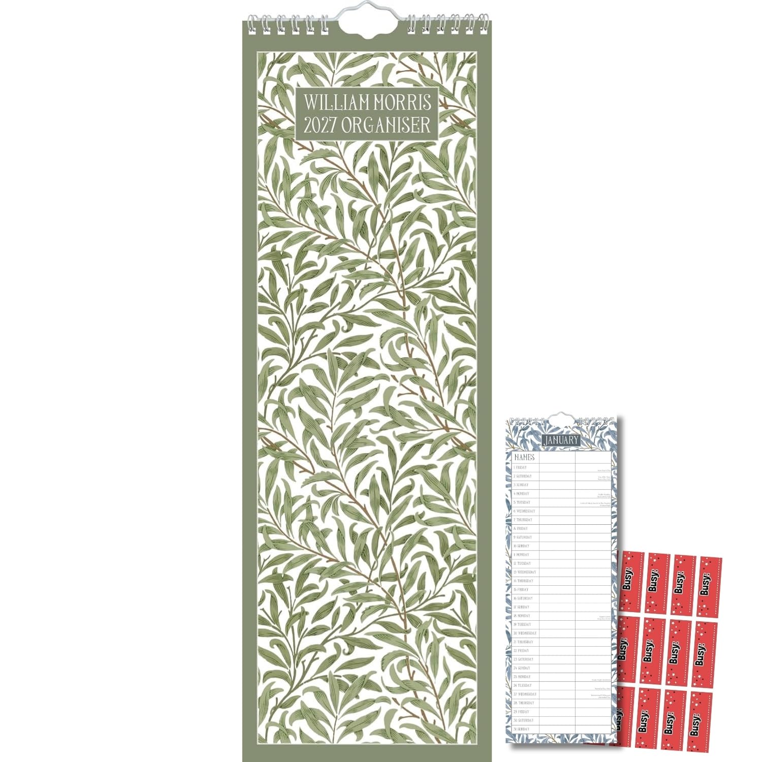 TGSC | William Morris Home Organiser 2027 Slimline Calendar with Planning Stickers, (Jan–Dec 2027) Planner with UK Holidays, For Family, Home, Kitchen Wall Planning, 42 x 15 cm