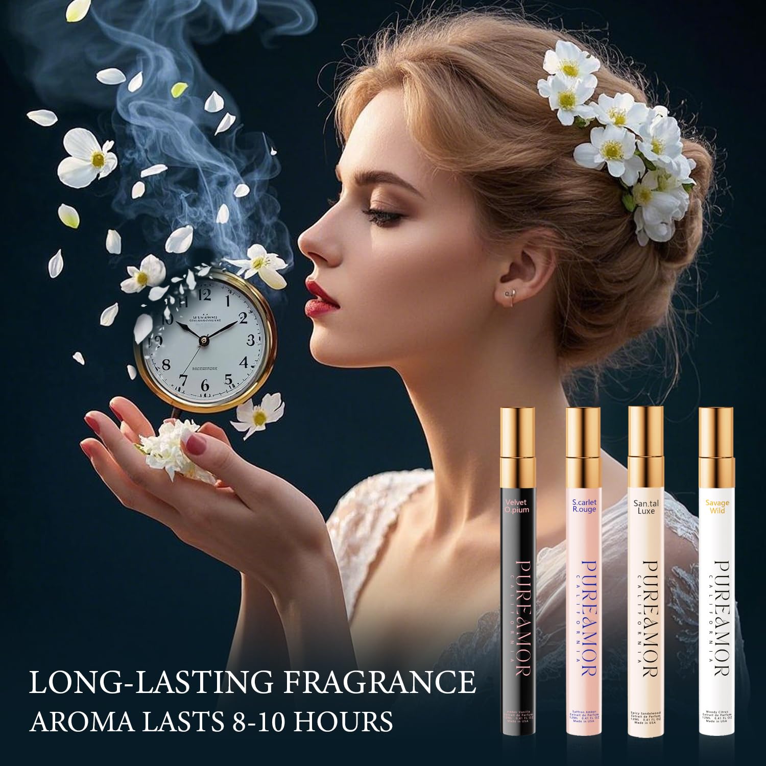 PUREAMOR Pheromones Perfumes for Women, Long Lasting 4-pack Perfume Set, Amber Vanilla, Saffron Amber, Woody Citrus, Spicy Sandalwood, 1.64fl. Advanced Travel Cologne Spray for Men & Women - Image 3