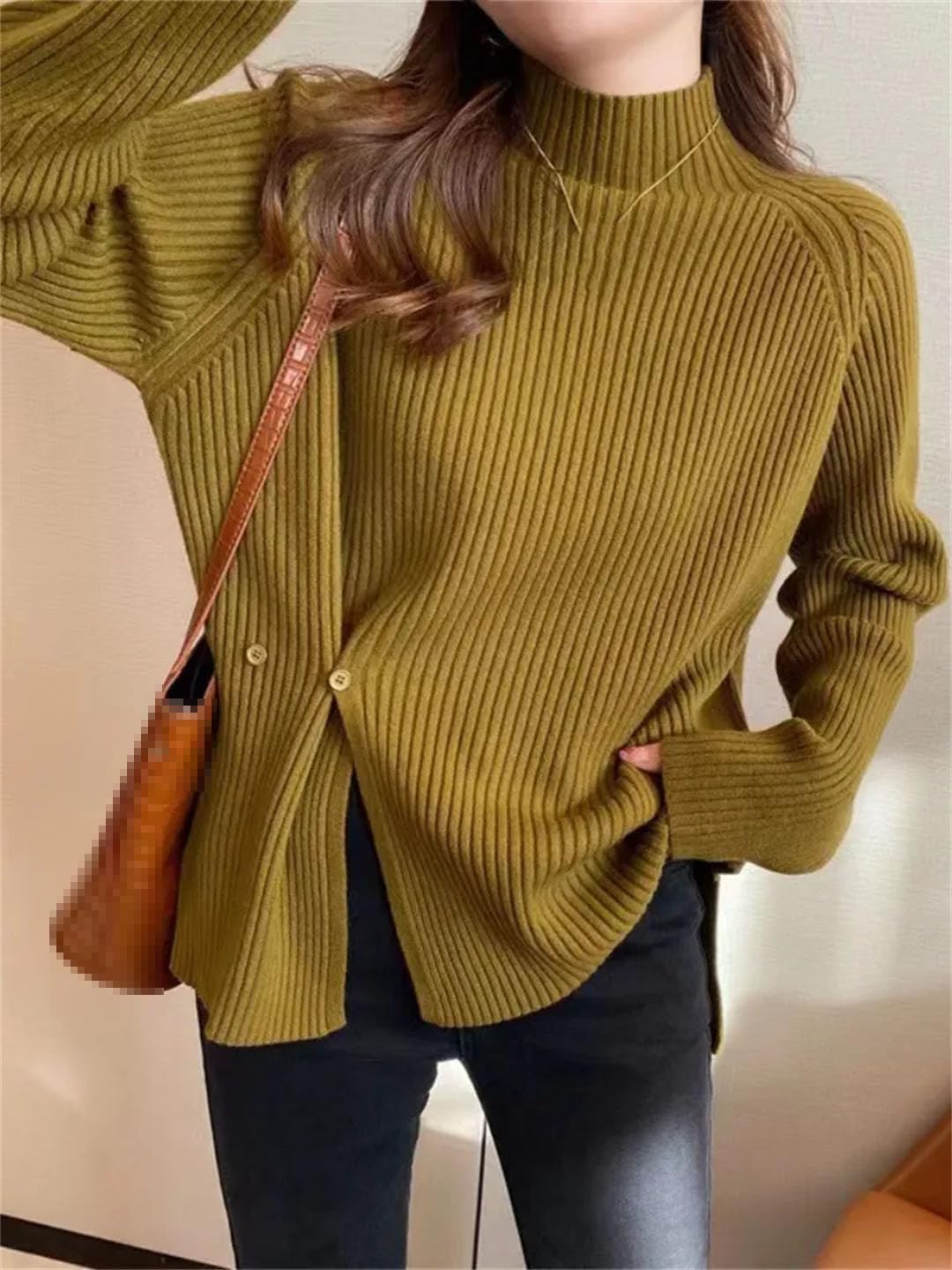Maglioni da donna a collo alto irregolari con bottoni divisi maglione allentato solido pullover top