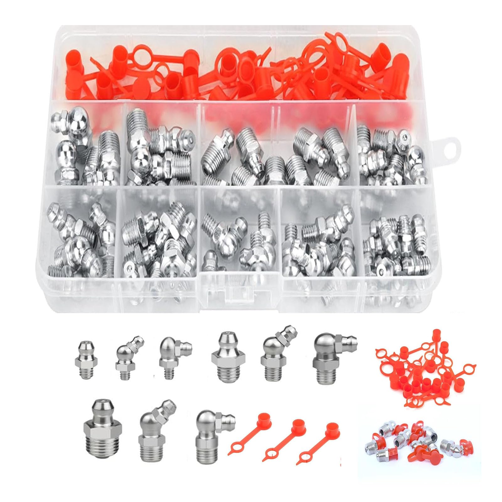 105 Stück Schmirnippelset M6 M8 M10 Gerade Abgewinkelt 45° 90° 180°, Schmiernippel Sortiment Kit, Kit Kegelschmiernippel, Abschmiernippel Kegelnippel, Kegelschmiernippel für Schmierpressen