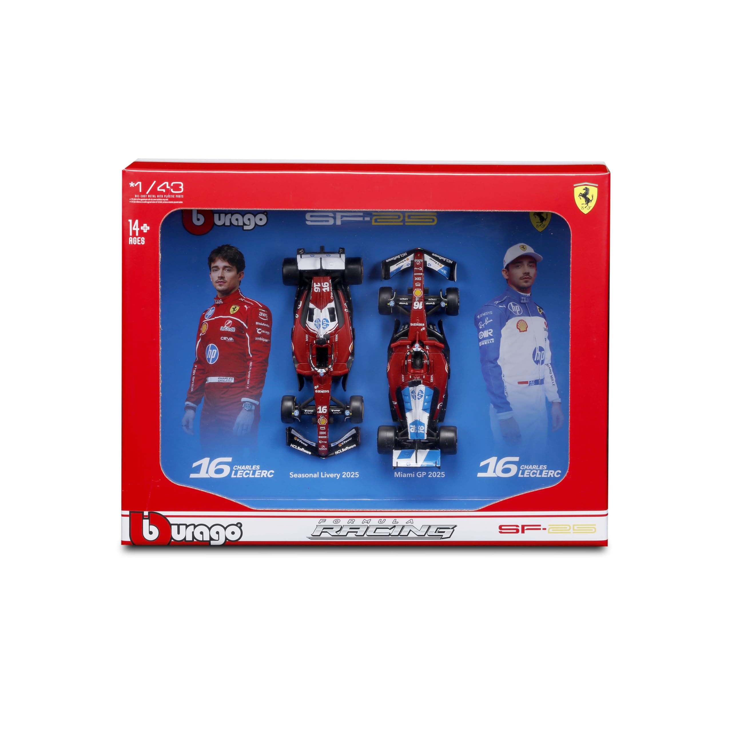 Bburago 1:43 Scale Ferrari SF-25 F1 2025 – Charles Leclerc Two-Car Driver Pack | Official Ferrari Licensed Die-Cast Set | 2025 Scuderia Ferrari Formula 1 Collector's Set