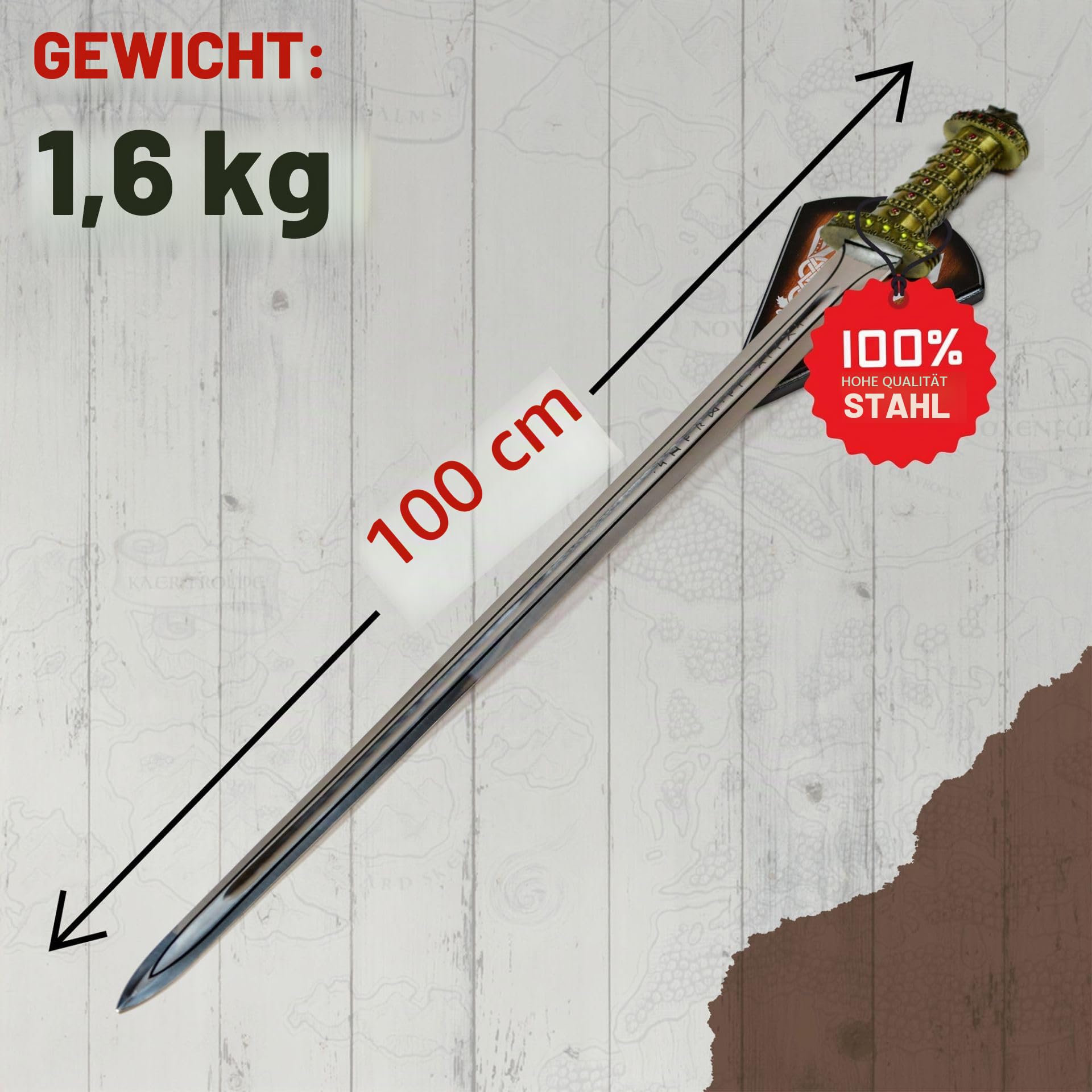 Swords and more Vikings - Schwert der Könige – Ragnar Lothbroks Wikingerschwert mit Wandtafel aus Holz, 100 cm Gesamtlänge, Metallschwert für Cosplays, Sammlungen & als Geschenk