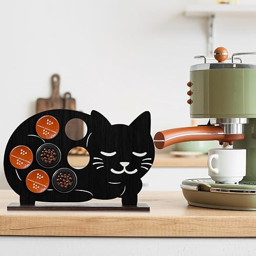 Miniatura 5 de Geetery 3 soportes para cápsulas de café de gato negro compatibles con la taza K, decoración de Halloween, soporte de madera de gato, organizador de