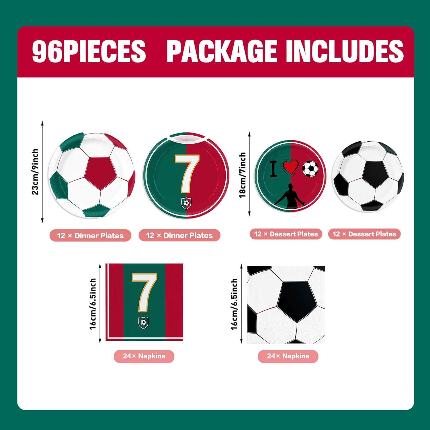 96pcs Soccer Paper Plates Napkins Soccer Star Plates Red and Green Disposable Tableware Birthday Decorations Baby Shower Party Supplies Serve 24 Guests - Image 3