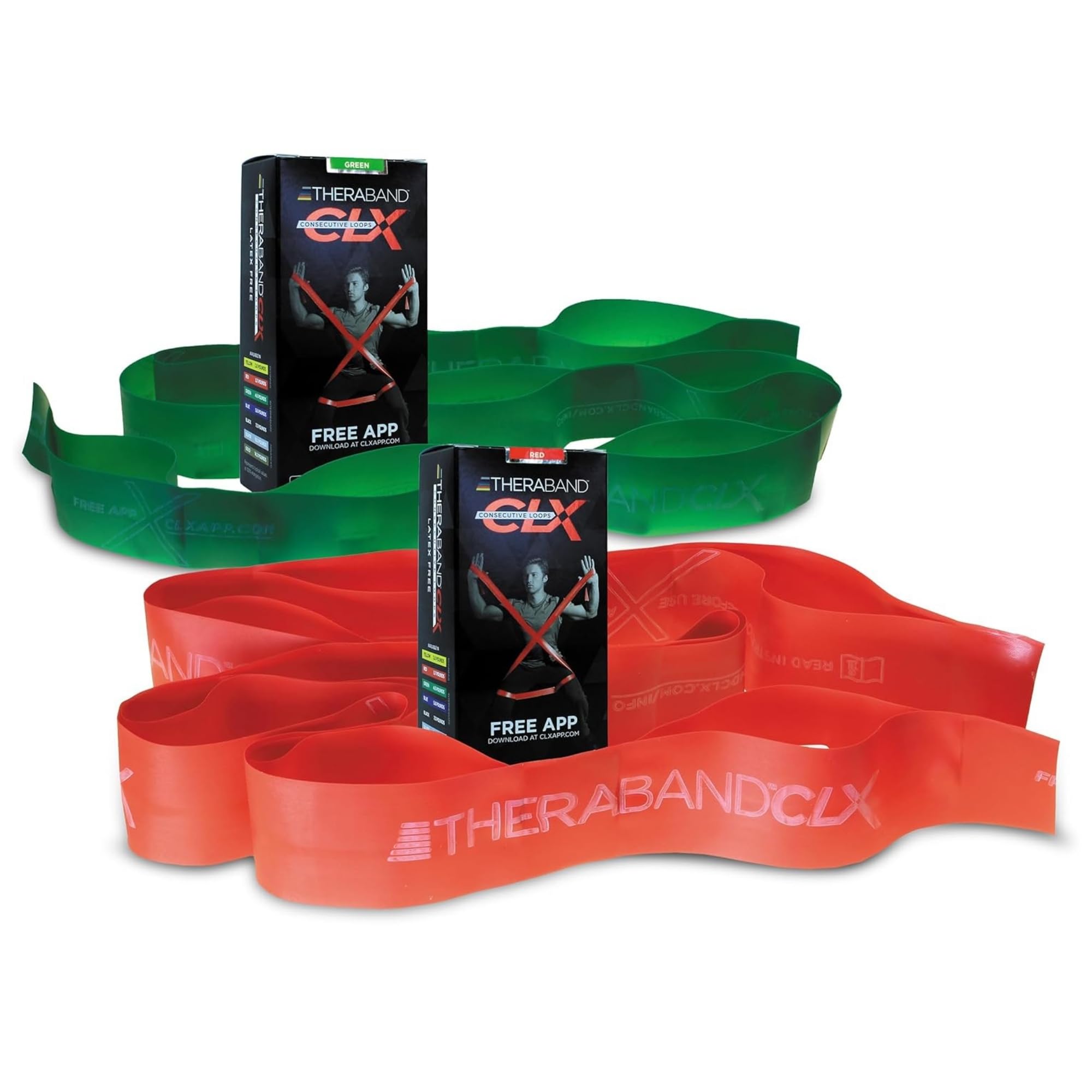 THERABAND CLX opaska oporowa z pętelkami, 2 sztuki taśm fitness do ćwiczeń w domu i treningów, przenośny trening, funkcjonalność dla sportowców, pętle 10 m, 2 sztuki, intensywność światła,