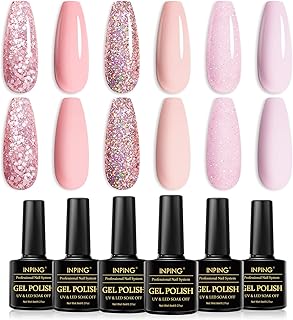 INPING Esmaltes Semipermanentes para Uñas en Gel UV LED, 6 Color Rosa Brillante Destello Desnudo La Pintauñas Gel,Kit Rosa Claro Piel Natural Blanco Duradero UV Esmaltes Semipermanentes de Uña 8ml