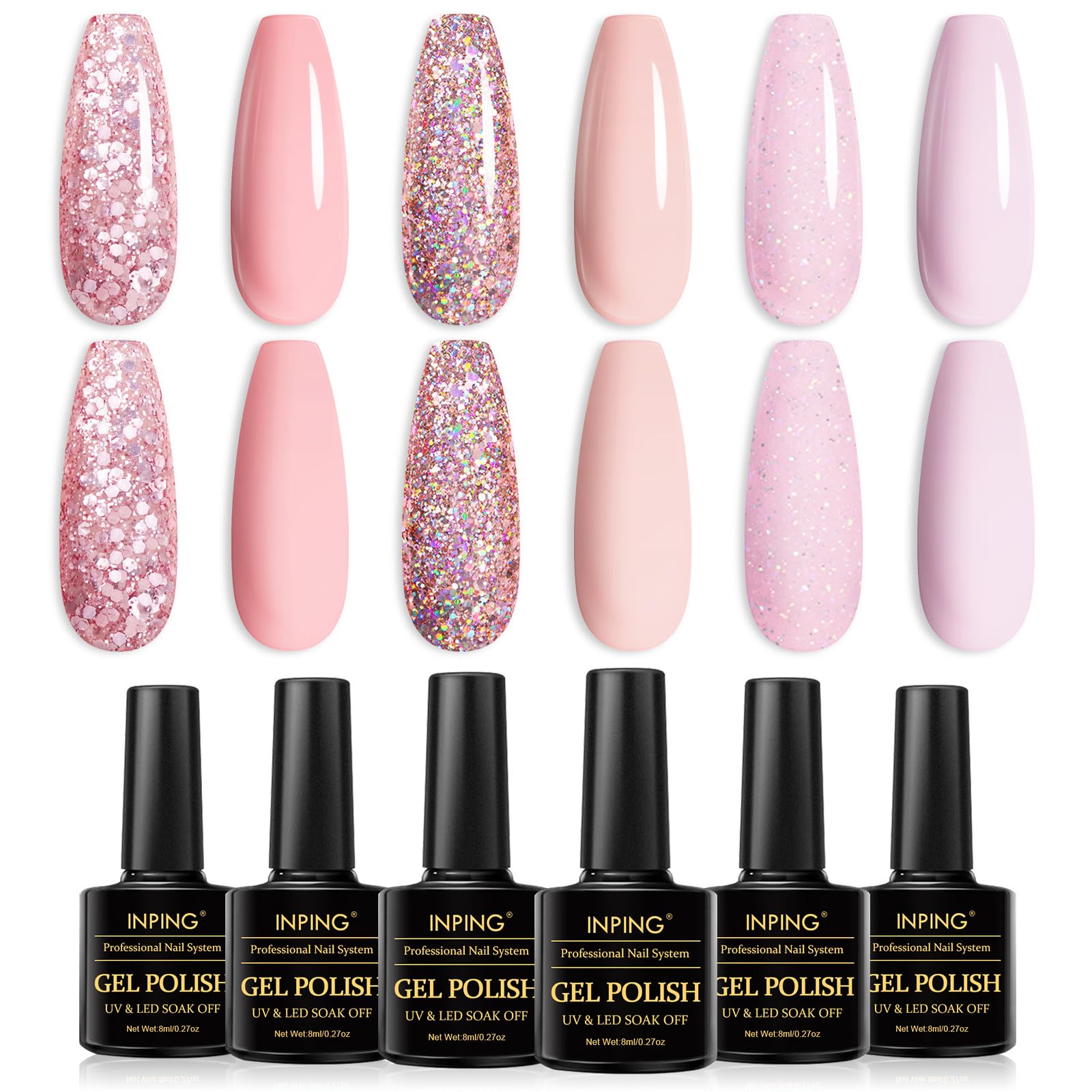 INPING Esmaltes Semipermanentes para Uñas en Gel UV LED, 6 Color Rosa Brillante Destello Desnudo La Pintauñas Gel,Kit Rosa Claro Piel Natural Blanco Duradero UV Esmaltes Semipermanentes de Uña 8ml