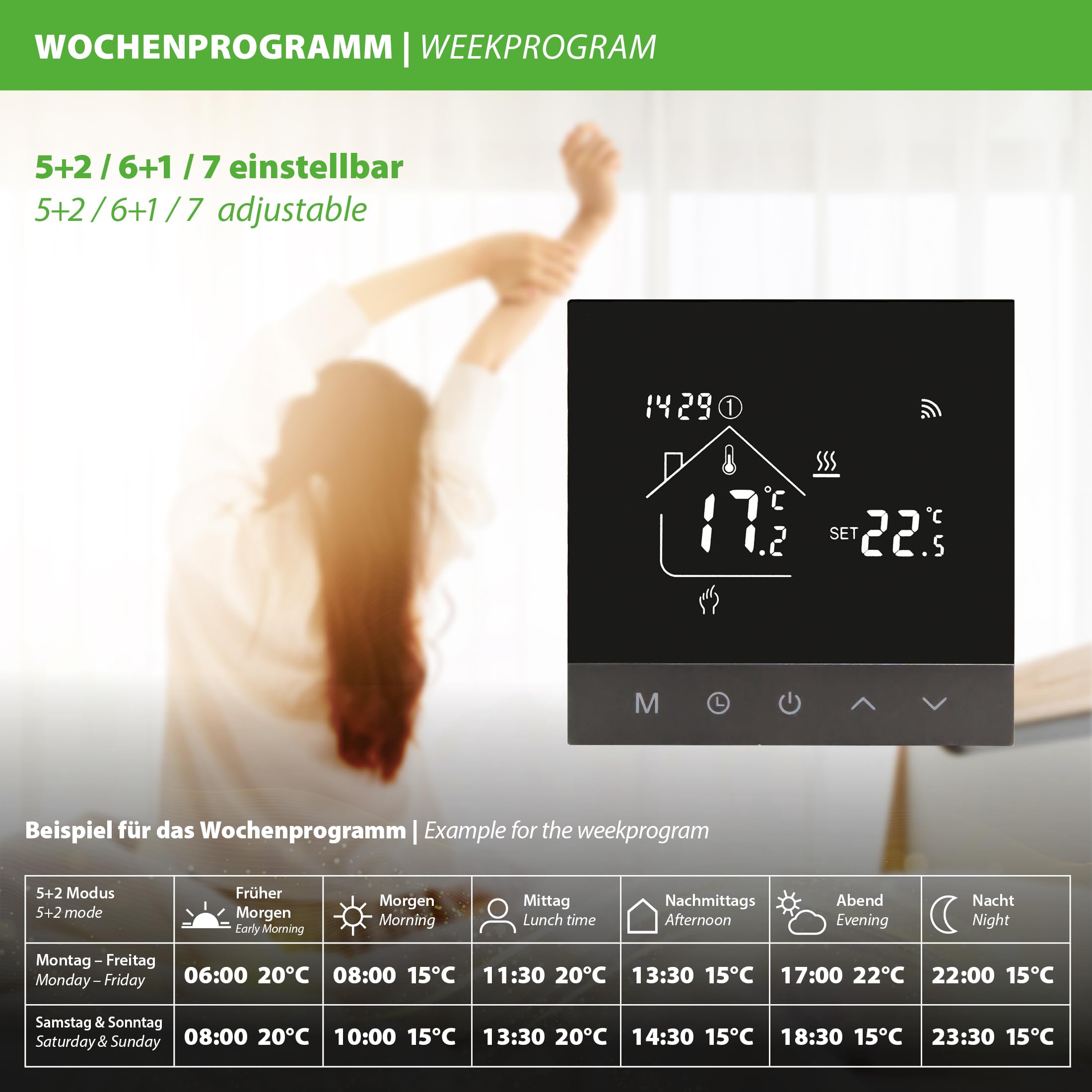 TH215 - Termostato WiFi con app Tuya Smart – per riscaldamento elettrico a pavimento, attuatori NC/NO, funzione di riscaldamento e raffreddamento, funzionamento touch, controllo vocale con Alexa e
