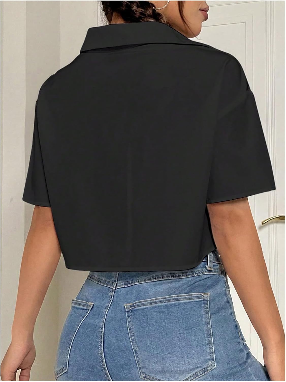 MakeMeChic Women's Cropped Button Up Shirt Short Sleeve Collar Shirts Blouse Crop Tops - Image 2