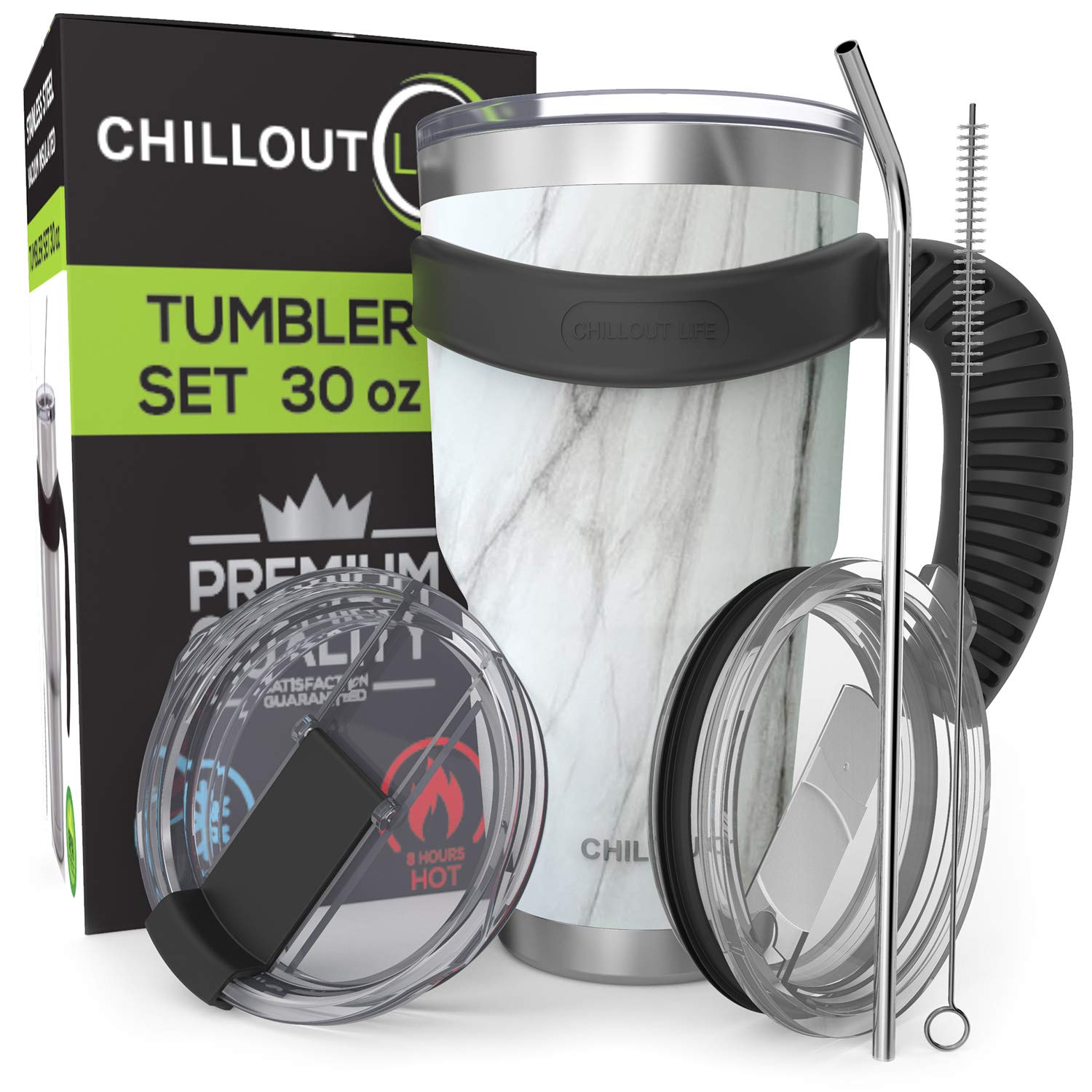 Stainless Steel Travel Mug with Handle 30 oz – 6 Piece Set. Tumbler with Handle, Straw, Cleaning Brush & 2 Lids. Double Wall Insulated Large Coffee Mug Bundle (Carrara Marble, 30 oz)