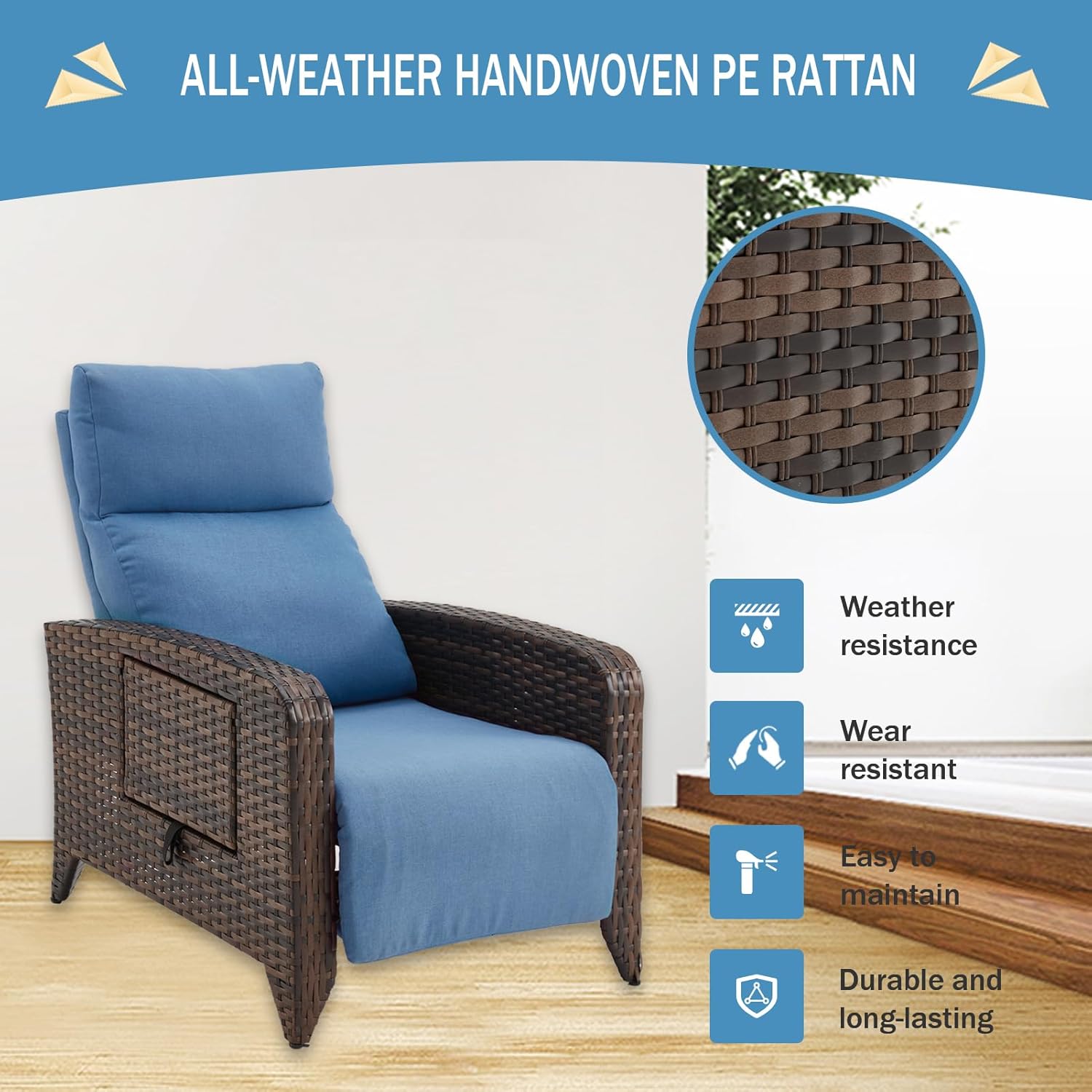 Upgraded Outdoor Recliner Chair, Reclining Patio Chairs with Adjustable Back up to 150°Lay Flat and Extended Footrest, Wicker Recliner Chairs with Flip Table and Removable Olefin Cushion