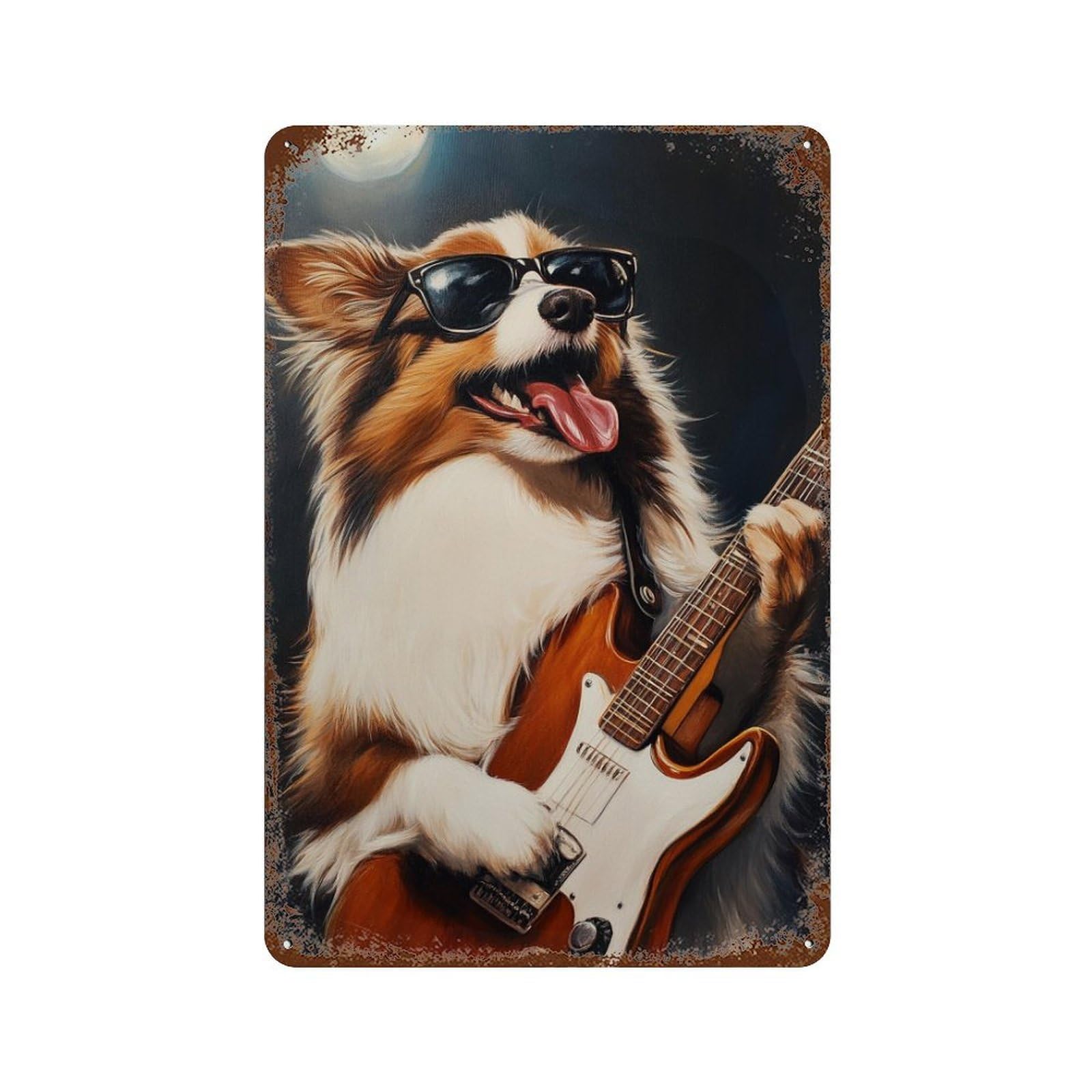 Rustic Tin Plaque with Rock Star Pup with Guitar -8 Design 11.8"x7.9", for Cafe, Home Bar And Lounge Decor, Novelty Wall Decor