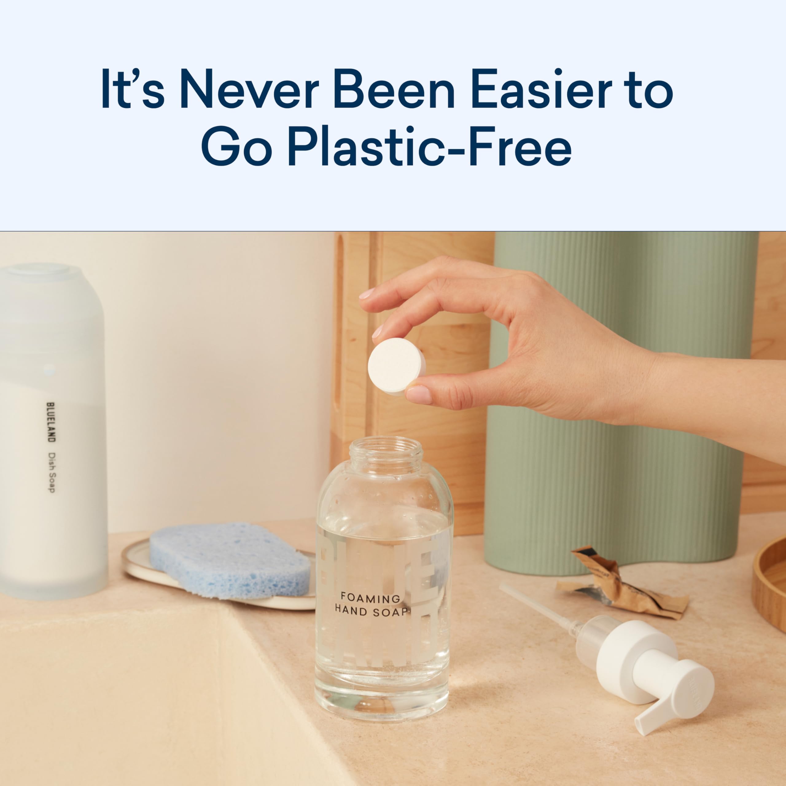 BLUELAND Hand Soap Starter Set Slate, 1 Refillable Glass Foaming Hand Soap Dispenser with 4 Refill Tablets, Iris Agave Scent, 4 x 9 Fl oz