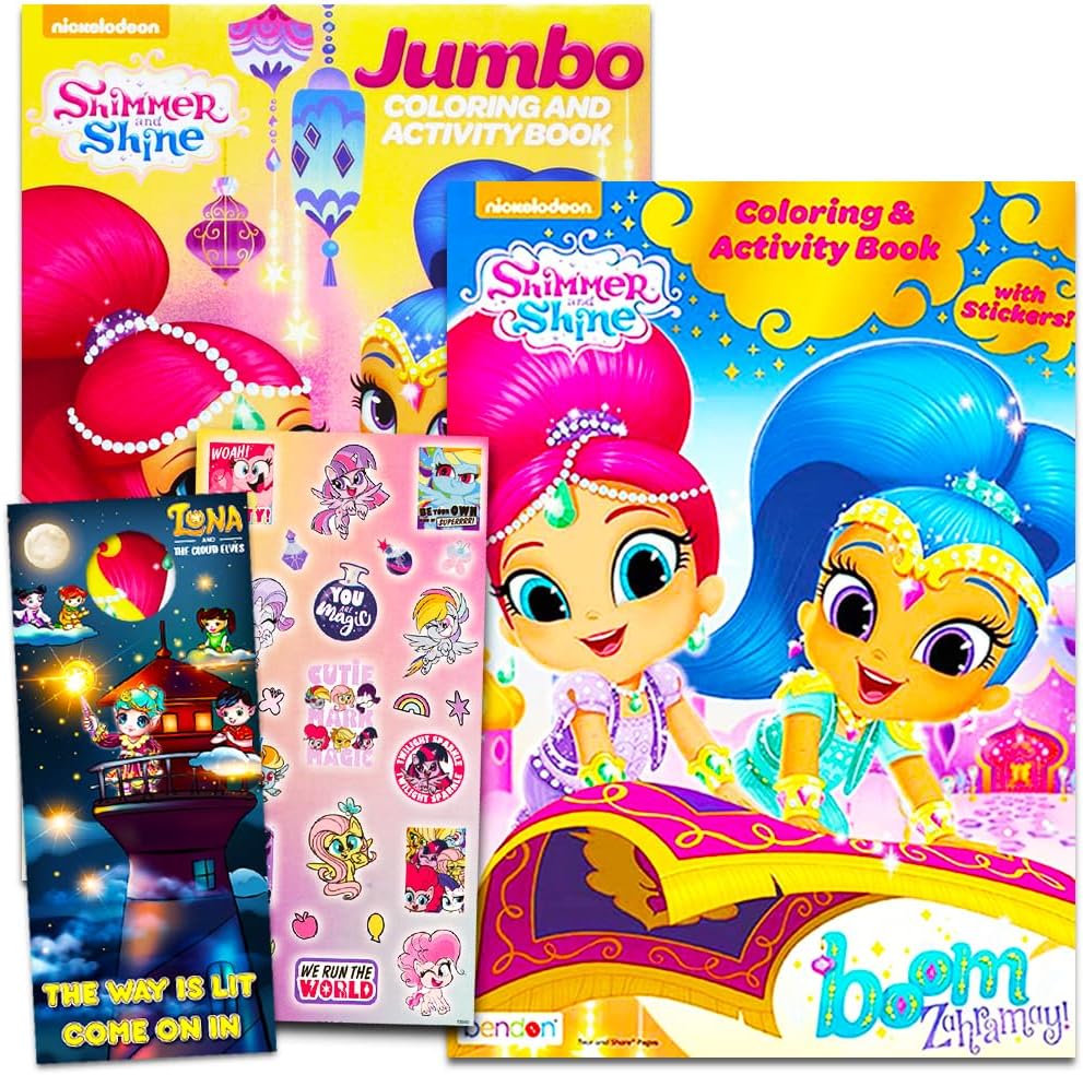 Shimmer and Shine Coloring Book Set -- 2 Books, Over 50 Stickers, Crayons and Licensed 'Little Pincess' Stickers