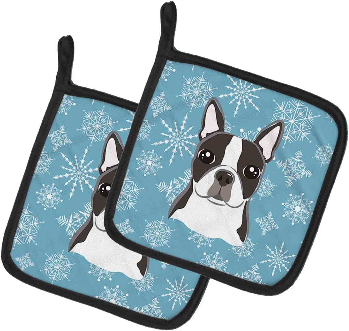 Caroline's Treasures BB1637PTHD Snowflake Boston Terrier Pair of Pot Holders Kitchen Heat Resistant Pot Holders Sets Oven Hot Pads for Cooking Baking BBQ, 7 1/2 x 7 1/2