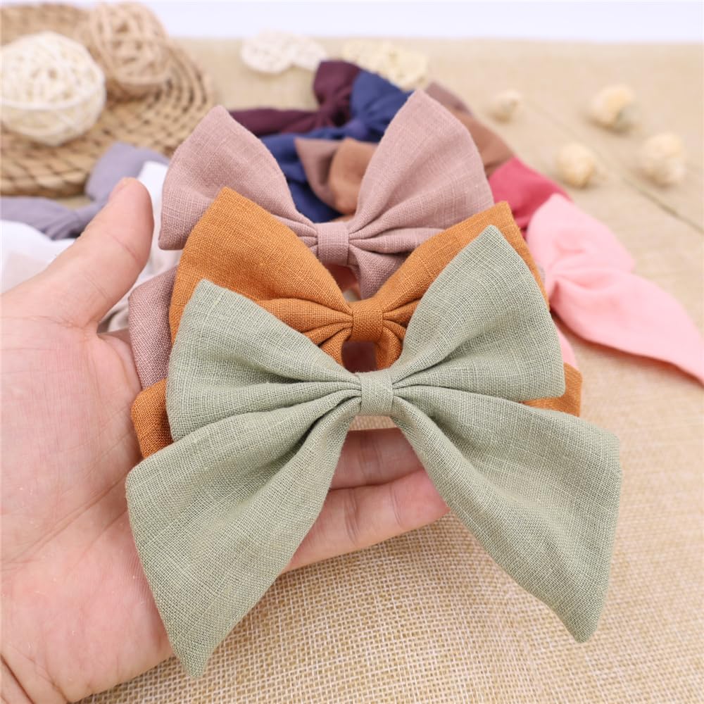 12 Colors Large Original Linen Bow Hair Clips for Girls Women Baby and Mom Neutral Sailor Bows Schoole Hair Alligator Clip Accessories 5.0 inch 12 Pcs