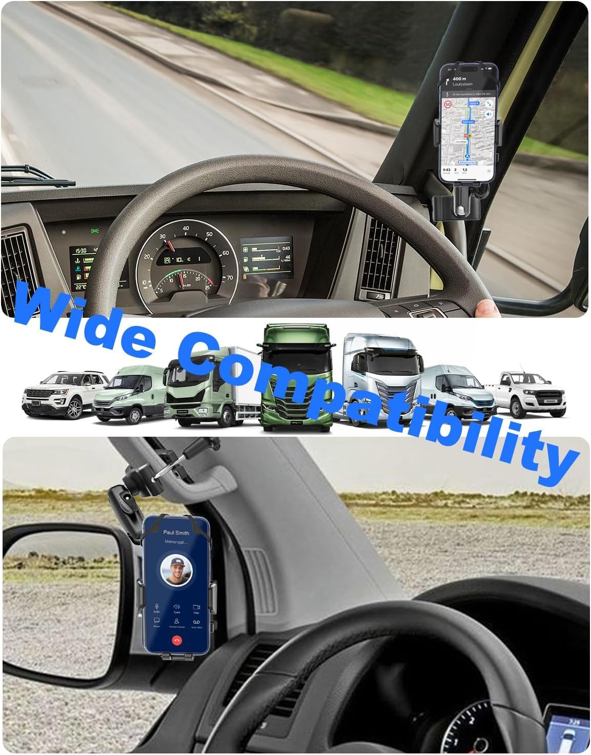 Supporto per telefono con maniglia per auto, [braccio in metallo resistente agli urti] Supporto universale per telefono per auto, camion, pick-up, SUV, furgone, escavatore, caricatore