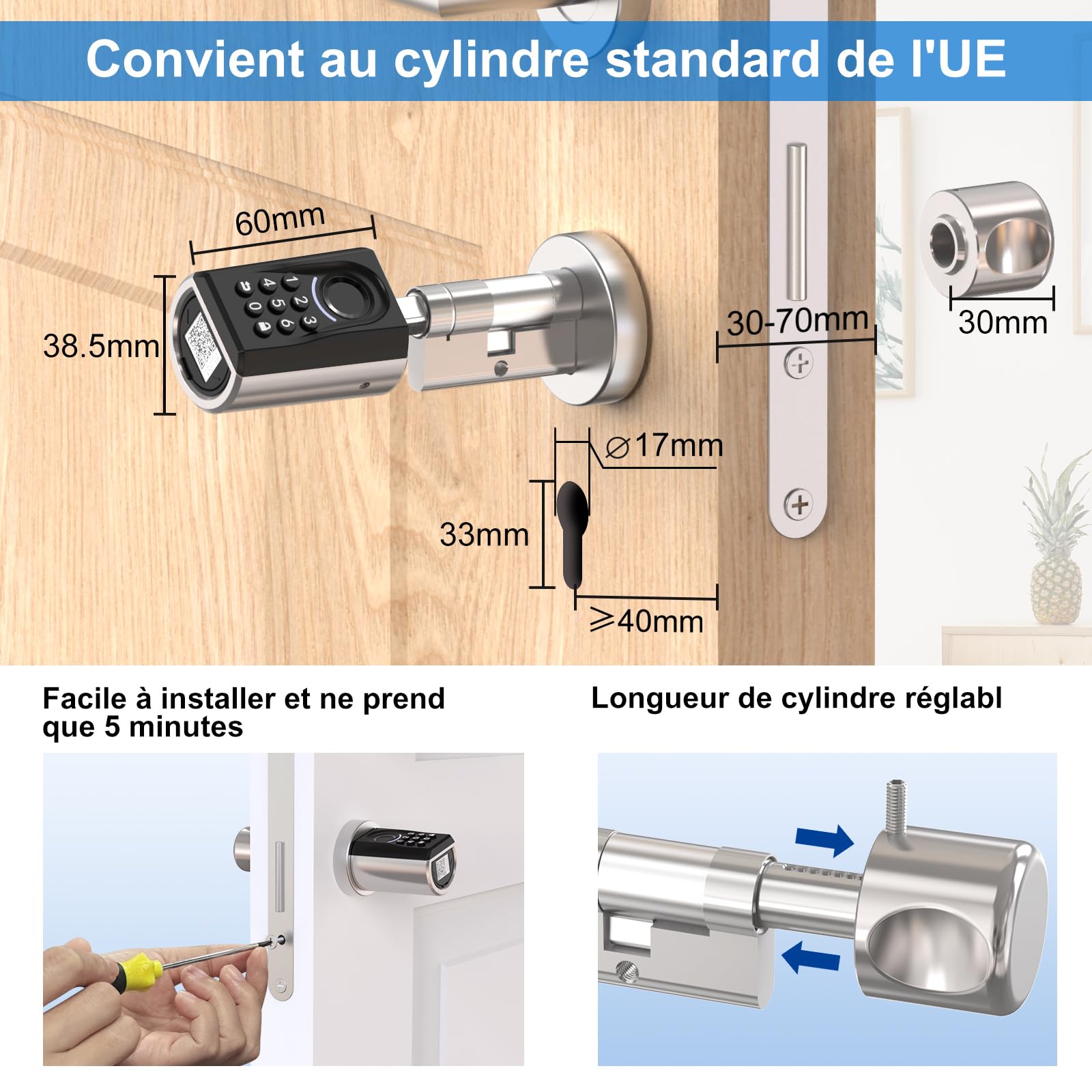 RUILON IP65 Serrure connectée à code et empreinte digitale ToucA51, 30x30 | Serrure biometrique avec 3 Cartes RFID, installation facile, Bluetooth APP Commande, portes 30-70 mm, Maison Chambre Bureau