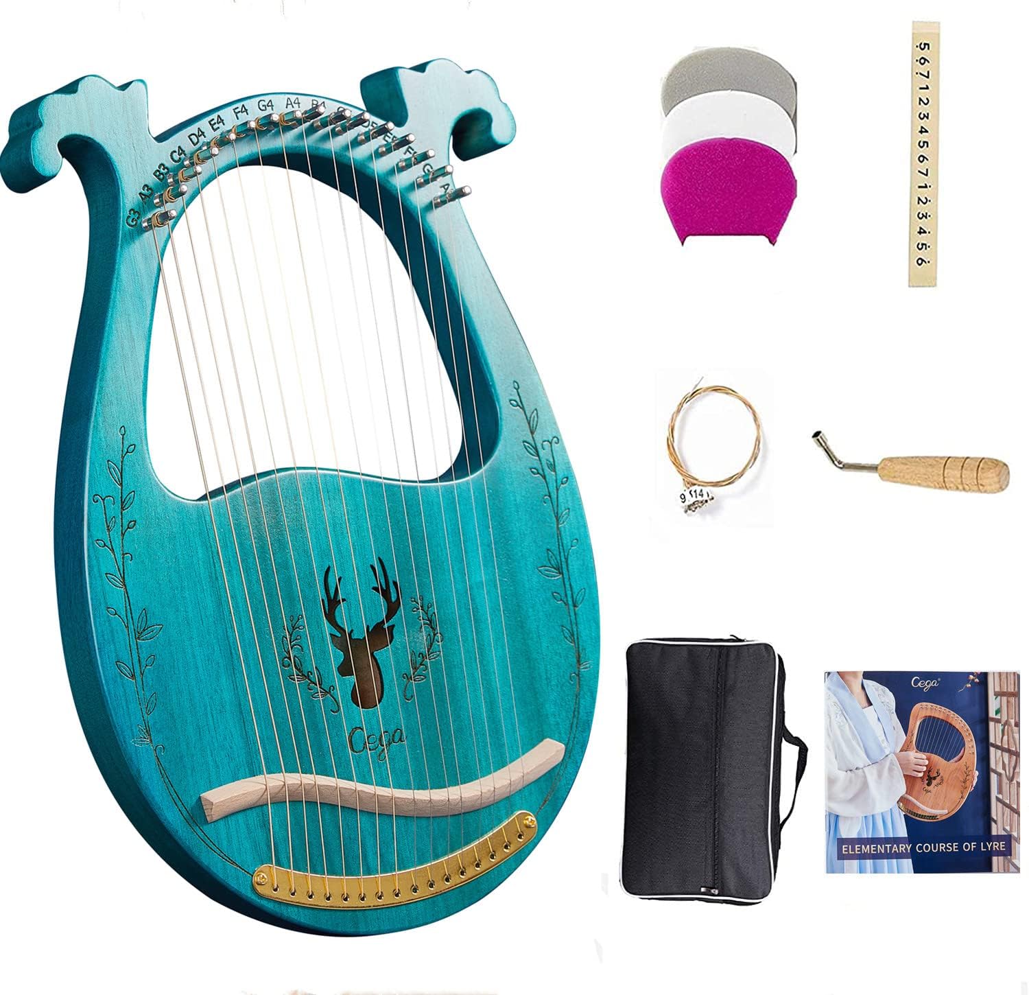 Amazon Lyre Harp 両耳の角 Lyre 16 メタルストリング メープルサドル マホガニー ボディリヤハープ アクセサリー付属 (ブルー) 弦楽器 楽器・音響機器