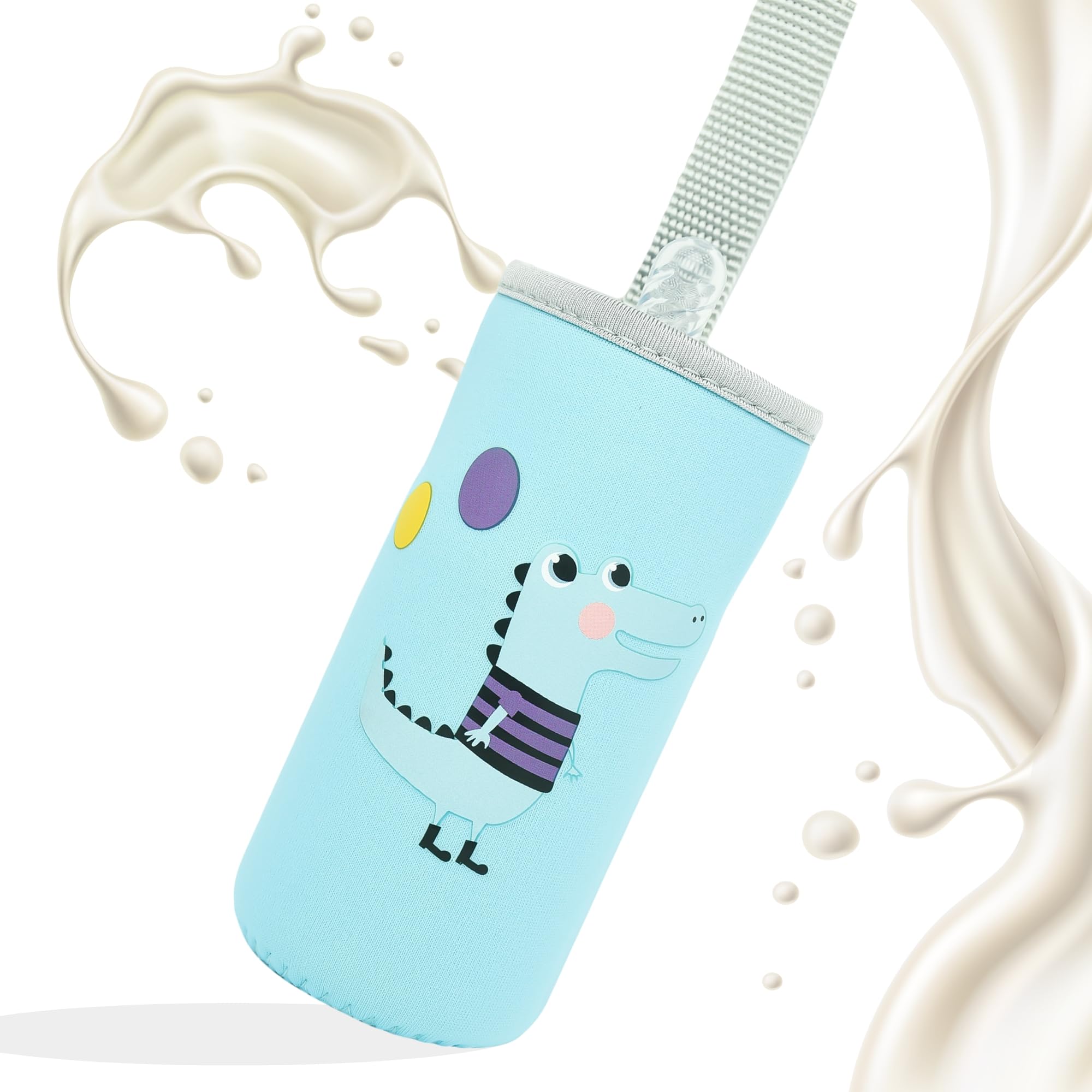 THE LITTLE LOOKERS Cute Animated Patterned Soft Stretchable Baby Feeding Bottle Cover with Easy to Hold Strap for 120ml, 150ml, 240ml (Dinosaur, Pack of 1)-picture-19