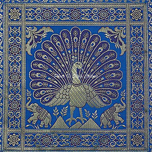 Image of Decorative Brocade Cushion Covers 16 Inch x 16 Inch Banarasi Jacquard Turquoise & Gold Home Decor Peacock Traditional Square 40x40 cm Zippered Sofa Settee Pillowcases -Set of 5 Pcs