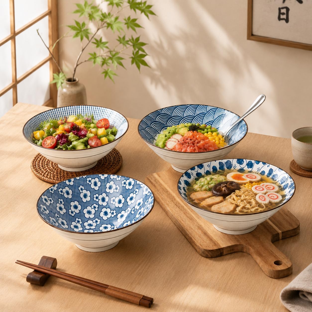 Ramen Bowls Set of 4, 8 Inch 38oz Porcelain Noodle Bowls for Pho, Ramen & Soup, Large Ceramic Ramen Bowl Set Microwave & Dishwasher Safe, Japanese Blue and White Style image 5