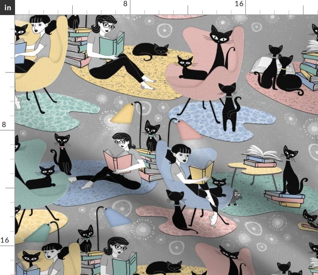 Spoonflower Fabric - Time Retro Cats Reading Books Hygge Printed on Petal Signature Cotton Fabric by The Yard - Sewing Quilting Apparel Crafts Decor